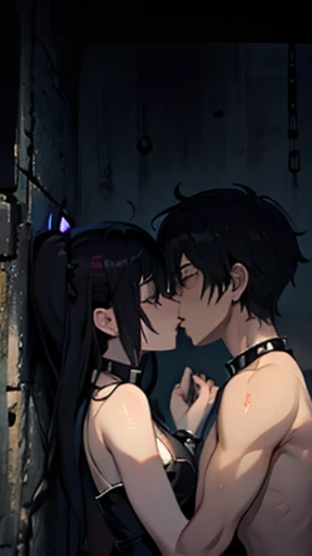 handcuffed naked Mato Kuroi from black rock shooter kissing an emo guy, passionate, tenderness