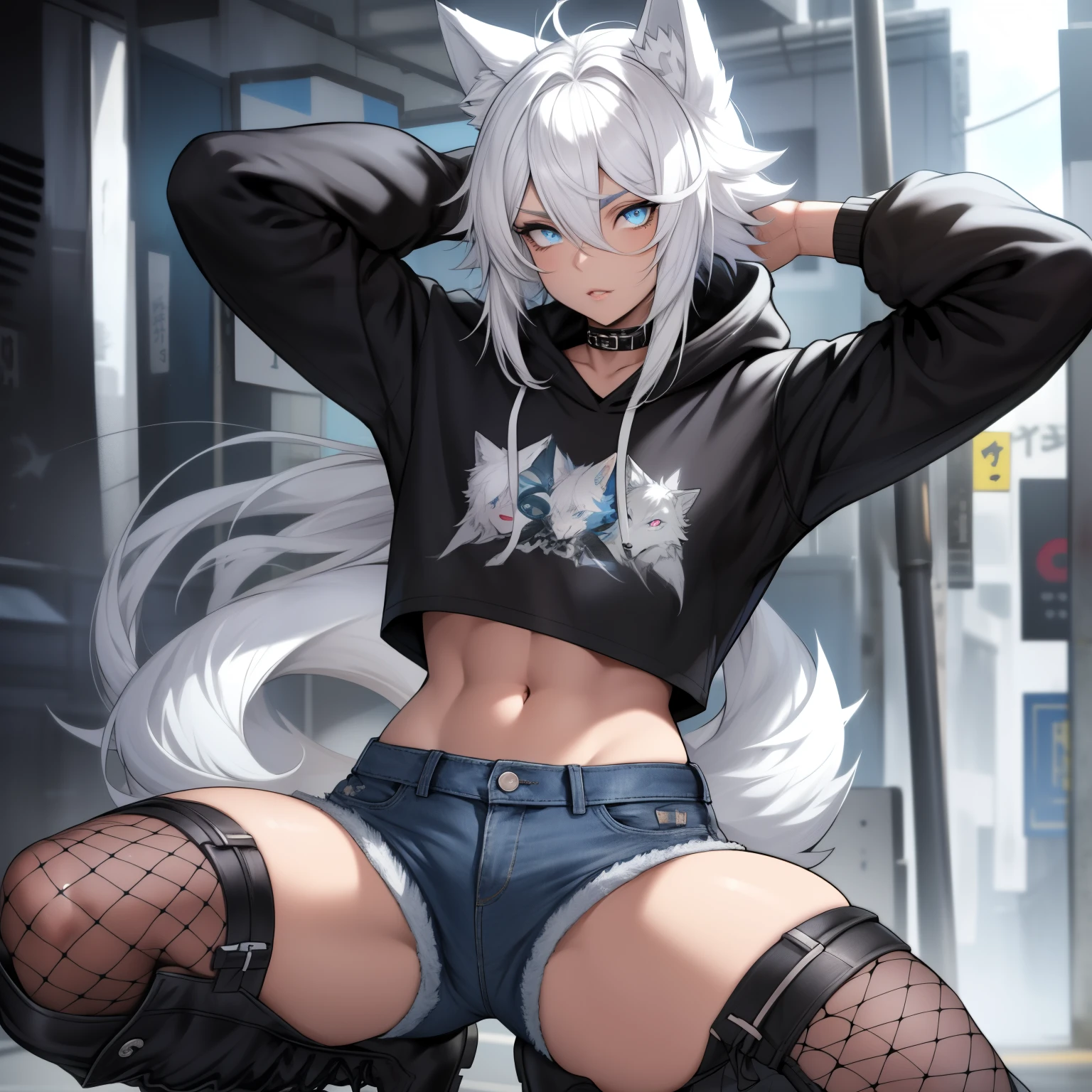 Single boy, Anime Femboy, Short, Long white hair, wolf ears, wolf tail, blue eyes, wearing short denim shorts, thigh high fishnets, black combat boots,wearing cropped fur lined hoodie, flat chest, super flat chest, wearing cropped t-shirt, solo femboy, only one femboy ((FLAT CHEST)) solo, alone, (SOLO)(ALONE) thicc thighs, wide hips, blue eyes, perfect eyes, perfect face, pouty lips, happy, curvy, sparkly blue eyes, has colorful japanese tattoos