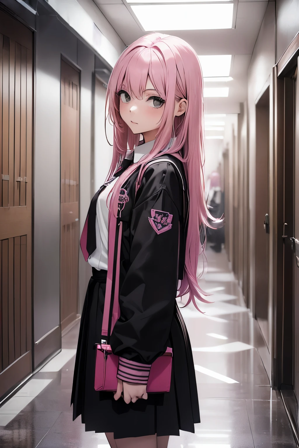 (1Girl, 18yo, pink loose hair, ((She has a manic and psychotic)), (wearing ((black)) colegial japonese clothes)), ((school hallway background))