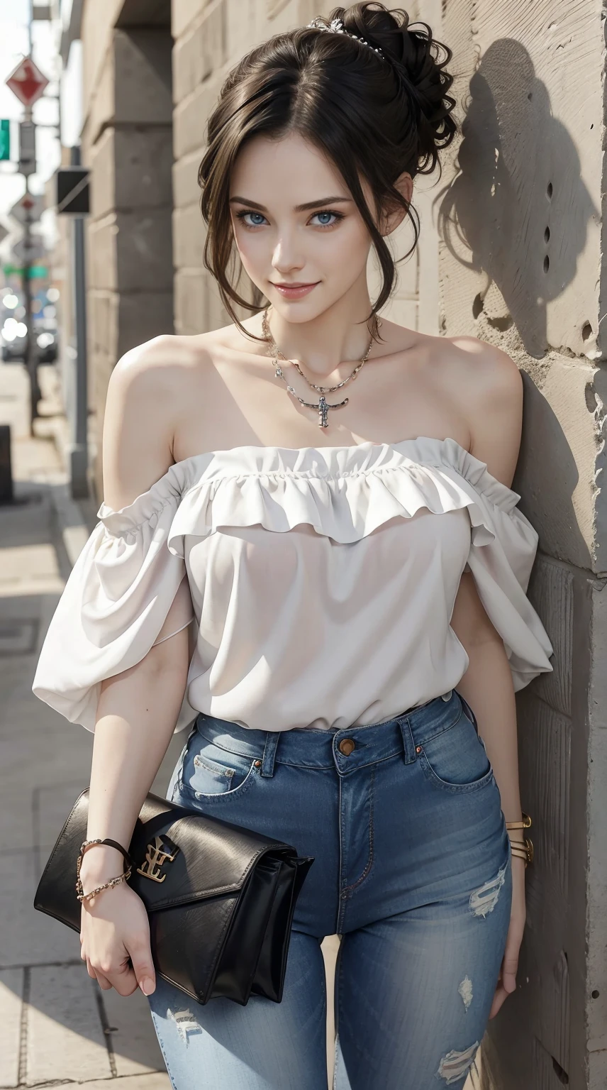26 year old white woman、Hair is brunette、Eye color is blue、Longhaire、Slender but well-proportioned muscular body、She is wearing a frilly one-shoulder top.、wearing skinny jeans、wearing a rosary necklace、accessories on the wrist、setting hair、a smile、I have a clutch bag、I am in front of a wall with wall art written on it.、I'm so excited、I'm pulling my hair up