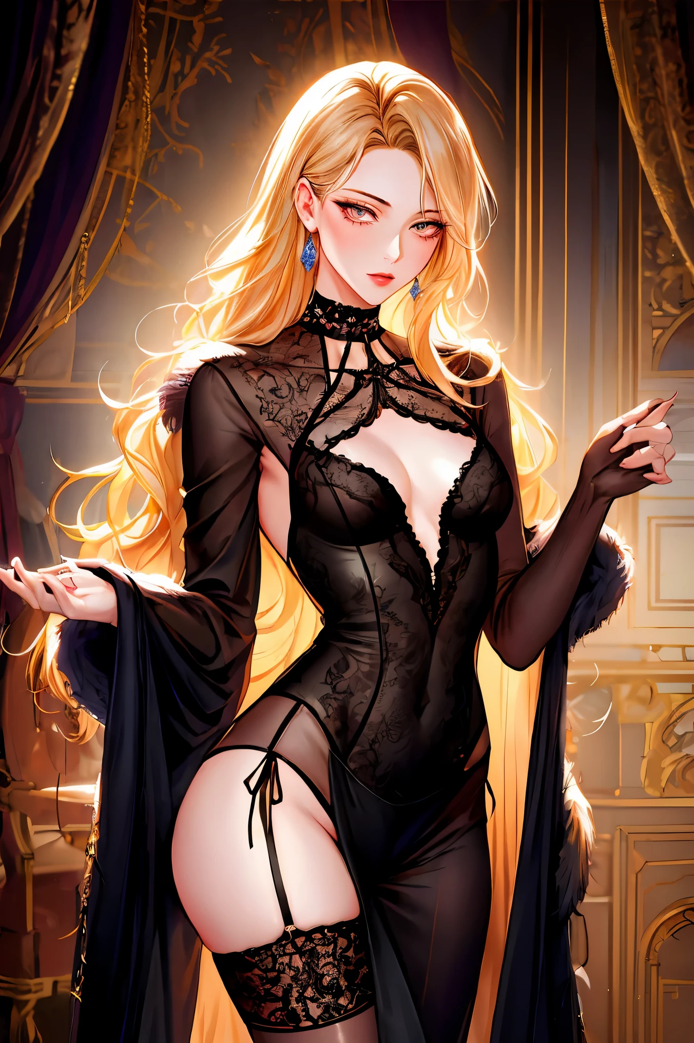 shoujo-style, (floral background), romance manhwa, russian girls in a fur coat, dominatrix, skinny, small breasts, pronounced feminine feature, (dark shot:1.22), neutral colors, (hdr), (muted colors), (intricate), (artstation), dramatic, intricate details, (technicolor:0.9), detailed, intricate, cinematic, detailed, (cleavege), small breasts, beautiful one-piece underwear, model pose, blonde hair, brown eyes, legwear garter, touches hair, bdsm, choker, ornate lavish rich aristocrat royal mansion,music room,art,drapes,curtains,carpets,rugs,doors,(chaise lounge), detailed background,
