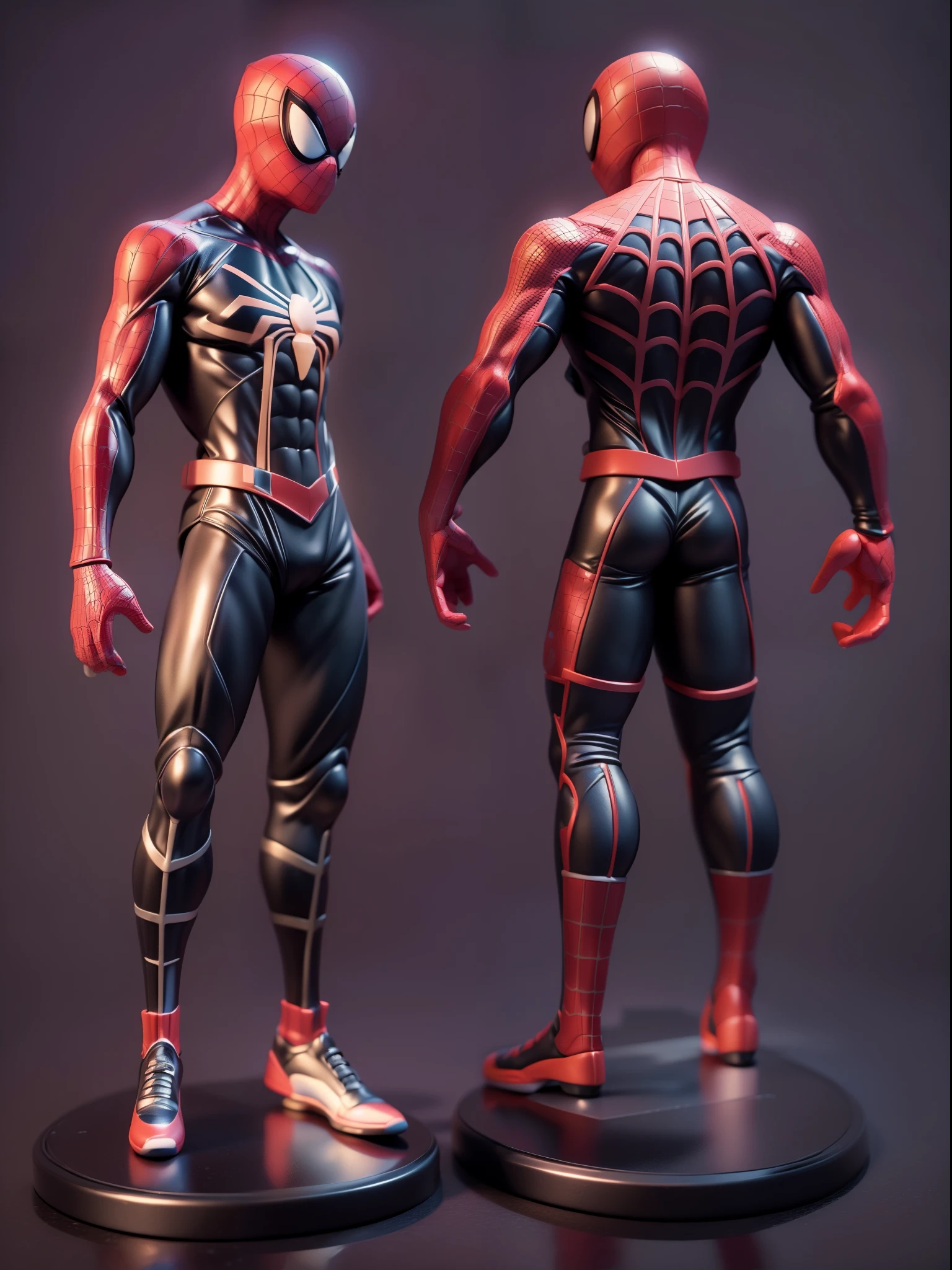(Blind box toy style:1.3),((Full body shot)),(1 cute spiderman,solo)(((solo))),dreamy glow, plastic style, Clean black background, (circular base)( Global illumination, Ray tracing, hdr, unreal render,reasonable design, high detail, Masterpiece, Best quality, hyper HD, Cinematic lighting)