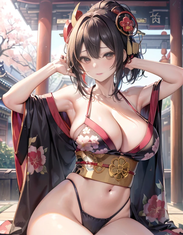 (top-quality、8K、32K、​masterpiece、超A high resolution、(((oiran woman))),22year old、((maikurobikini)),(Colossal tits)、(((cleavage of the breast))),((extremely heavy breasts)),(Login Hair)、abdominals、the perfect body、(((Armpit))),((flower quill woman)), Delicate facial features, Ultra-realistic, Hyper-realistic, 鎖骨、Shadow、octan render、Beautiful ass、(((Toostock))),((maikurobikini)),((Wear a beautiful kimono with a high degree of exposure)),hyperdetailed face、lips like eyes、二重まぶた、(((Toostock))),(魅惑的)、((agitation:1.5))、maikurobikini、((Navel))、Mystical expression、shrine background、Old Town of Japan、((heavy breasts)),Toostock、mecosuji、A beautiful kimono with a delicate floral pattern....................highcontrast、(((Colorful kimono))),heavy breasts、((a navel)).((Farbe々Ricker takes a photo in a sexy pose、Kimono comes off、Natural light、（A person who sees with calm and goddess-like eyes）Happiness:1.2)、Highly exposed、Beautiful ass、(((Toostock))),cyan color rack、