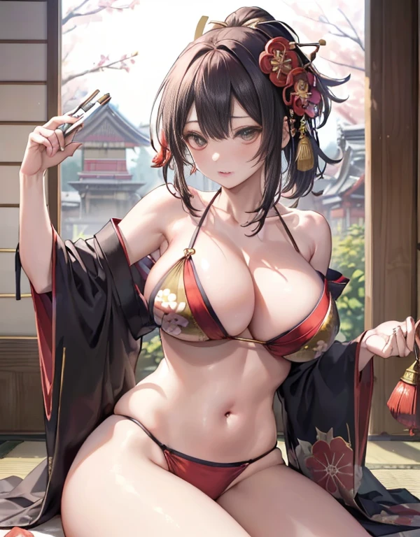 (top-quality、8K、32K、​masterpiece、超A high resolution、(((oiran woman))),22year old、((maikurobikini)),(Colossal tits)、(((cleavage of the breast))),((extremely heavy breasts)),(Login Hair)、abdominals、the perfect body、(((Armpit))),((flower quill woman)), Delicate facial features, Ultra-realistic, Hyper-realistic, 鎖骨、Shadow、octan render、Beautiful ass、(((Toostock))),((maikurobikini)),((Wear a beautiful kimono with a high degree of exposure)),hyperdetailed face、lips like eyes、二重まぶた、(((Toostock))),(魅惑的)、((agitation:1.5))、maikurobikini、((Navel))、Mystical expression、shrine background、Old Town of Japan、((heavy breasts)),Toostock、mecosuji、A beautiful kimono with a delicate floral pattern....................highcontrast、(((Colorful kimono))),heavy breasts、((a navel)).((Farbe々Ricker takes a photo in a sexy pose、Kimono comes off、Natural light、（A person who sees with calm and goddess-like eyes）Happiness:1.2)、Highly exposed、Beautiful ass、(((Toostock))),cyan color rack、