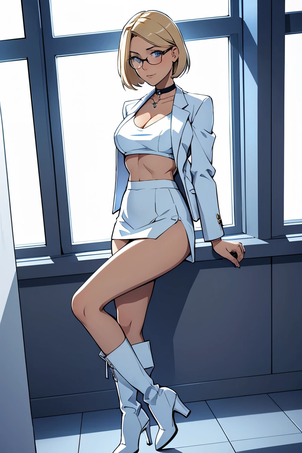 female, short straight blonde hair, blue eyes, white suit jacket, white skirt, long white high heel boots, black choker, no t shirt, medium boobs, glasses, blushing, in front of a window