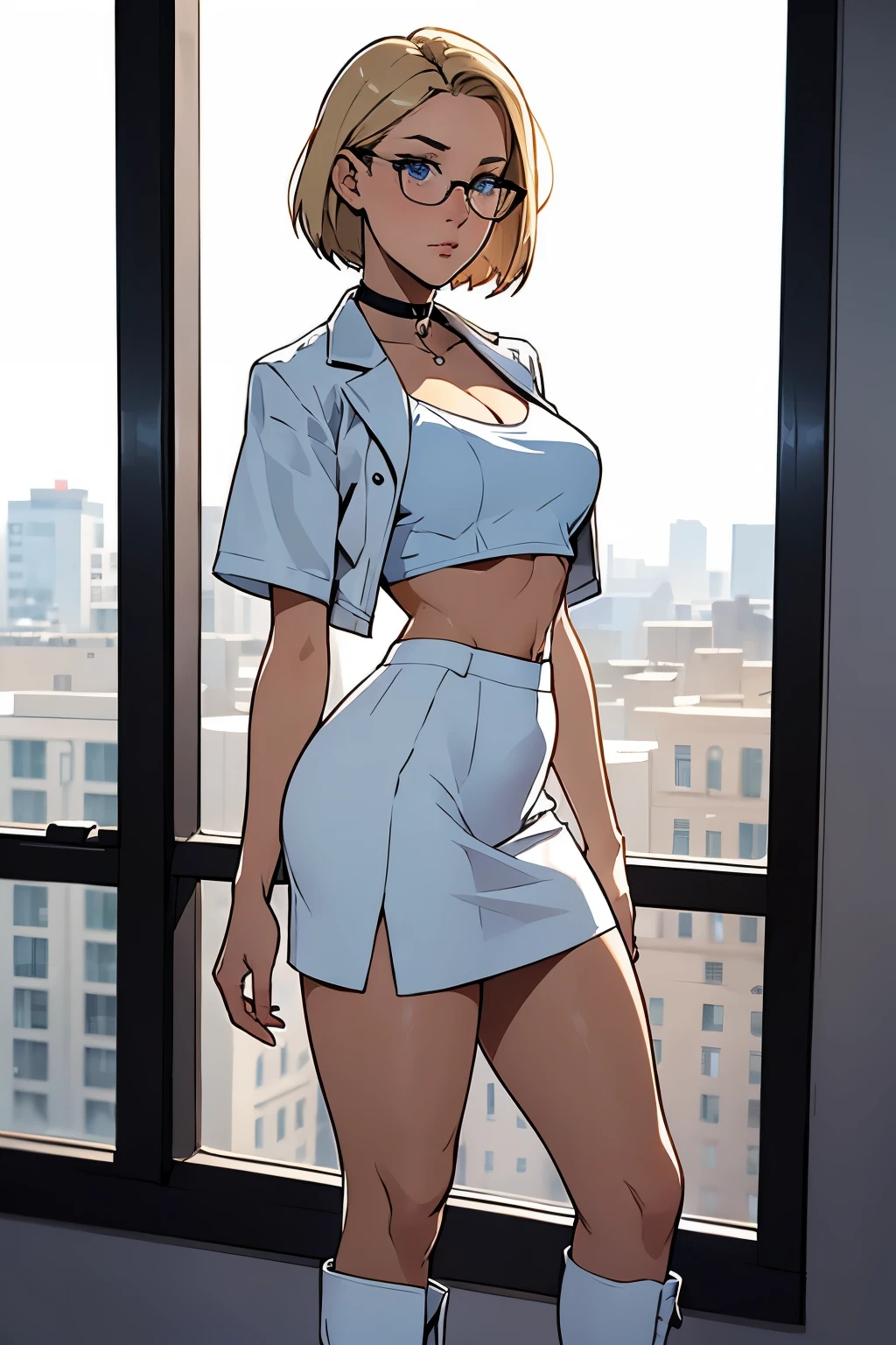 female, short straight blonde hair, blue eyes, white suit jacket, white skirt, long white high heel boots, black choker, no t shirt, medium boobs, glasses, blushing, in front of a window