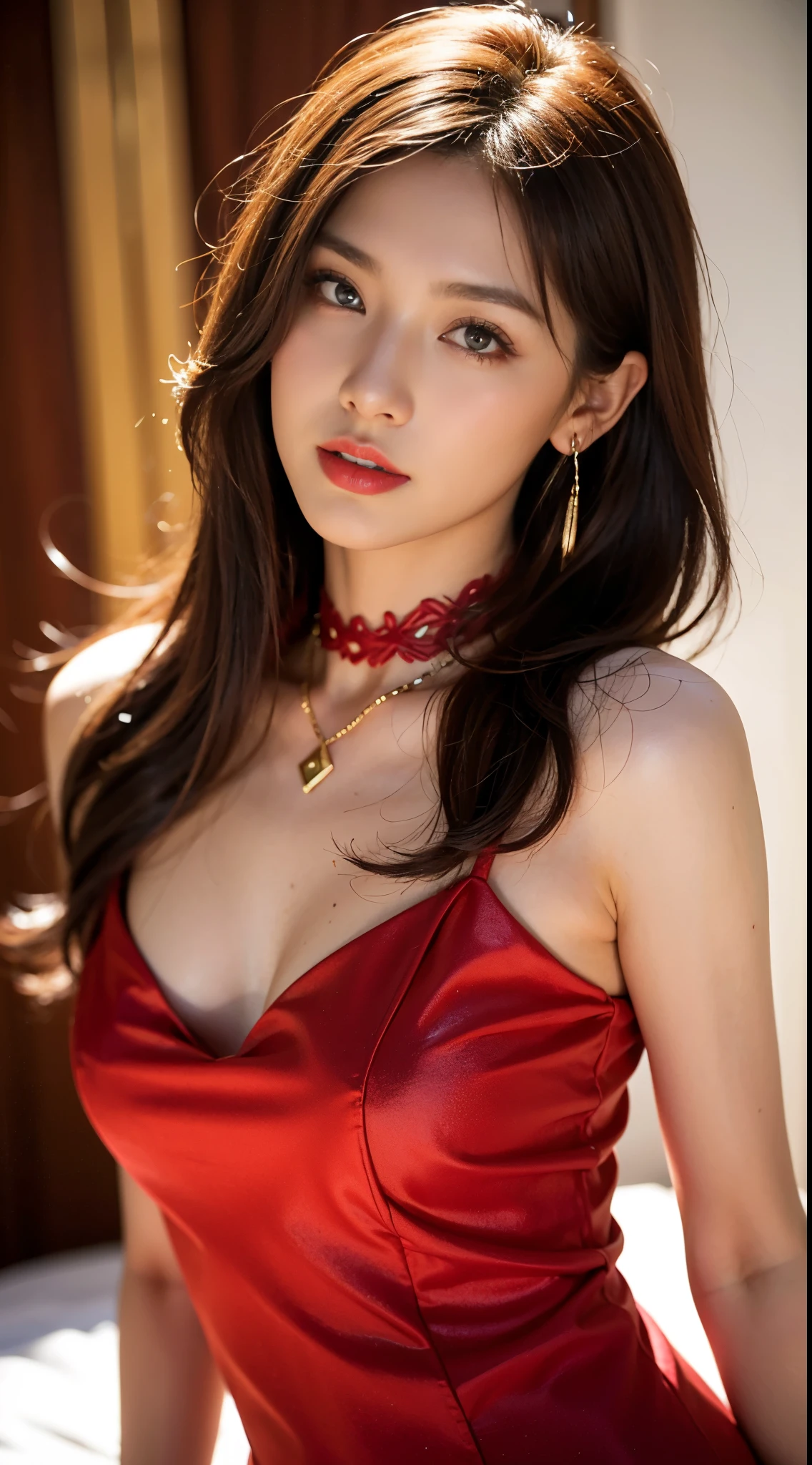 (Best Quality, Masterpiece, Photo realistic, Ultra Detailed, ultra high res, raw:1.perfect body, 1girl, parted lips, red lips, glitter eyeliner:1.4, upper body closeup, bedroom, japanese, 20years old, navel, shiny red dress, laces, white skin, cute, messy hair, red choker, ruby necklace, shoulder length luxury earings, looking at the viewer, gold eyes,red hair