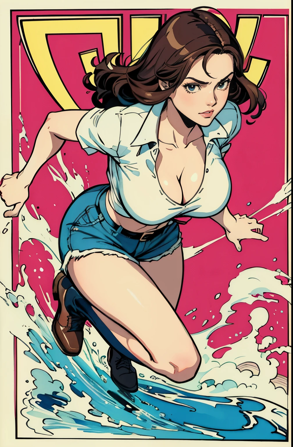 ((masterpiece)), (best quality), (cinematic), (watercolor painting), vintage art, 1girl, solo, a mature woman in a white top and high waisted shorts, large breast, chubby, martin ansin, martin ansin artwork, moebius + artgerm, beautiful comic art, joao ruas, by José Comas Quesada, Feng Fujiko , inspired by Vincent Lefevre, jamie mckelvie comic art, milo manara style, full body, cleavage, running,