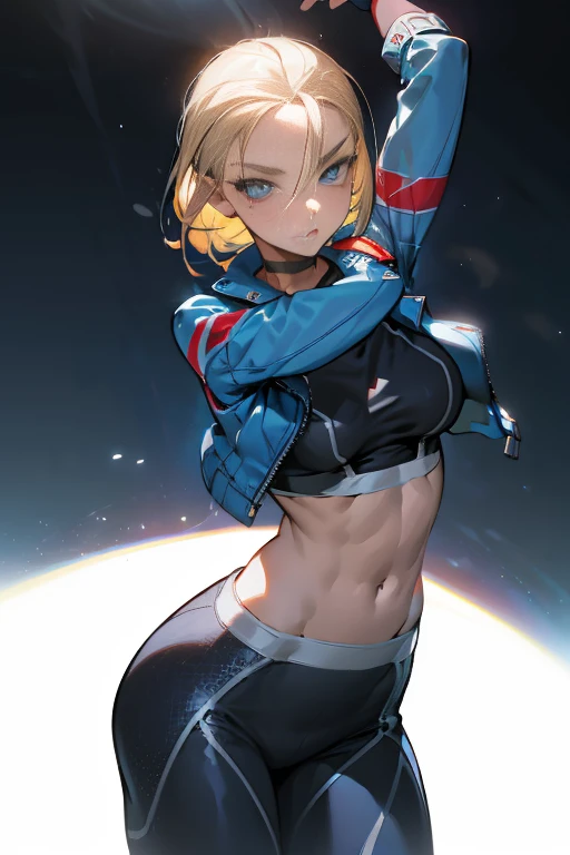 ((Best Quality, 8K, Masterpiece: 1.3)), Detailed Eyes, Double Eyelids, (1girl), (Left Face Scar), (28 years old, sexy maturity), (Vest line, thin waist, buttocklue jacket), ((Big blue eyes, long eyelashes)), ((Pout)), ((Firm nose)), (Realistic skin details), Detailed Face, Best Light, Best Shadow, Edge Lighting, Ray Tracing, Unreal Engine 5, (Cammy white from street fighter 6, game CG character modeling)), beautiful shiny hair, (((dark gray tights)))), muscular, collar, abs, (mid-chest hard), (leg muscle lines), neon lights, bustling and lively streets, distant high-rise buildings, night, NVIDIA RTX, Super-Resolution, Unreal 5, Subsurface scattering, PBR Texturing, Post-processing,Anisotropic Filtering,Depth-of-field,Maximum clarity and sharpness,Multi-layered textures,Albedo and Specular maps,Surface shading,Accurate simulation of light-material interaction,Perfect proportions,Octane Render,Two-tone lighting,Wide aperture,Low ISO,White balance,Rule of thirds,8K RAW,