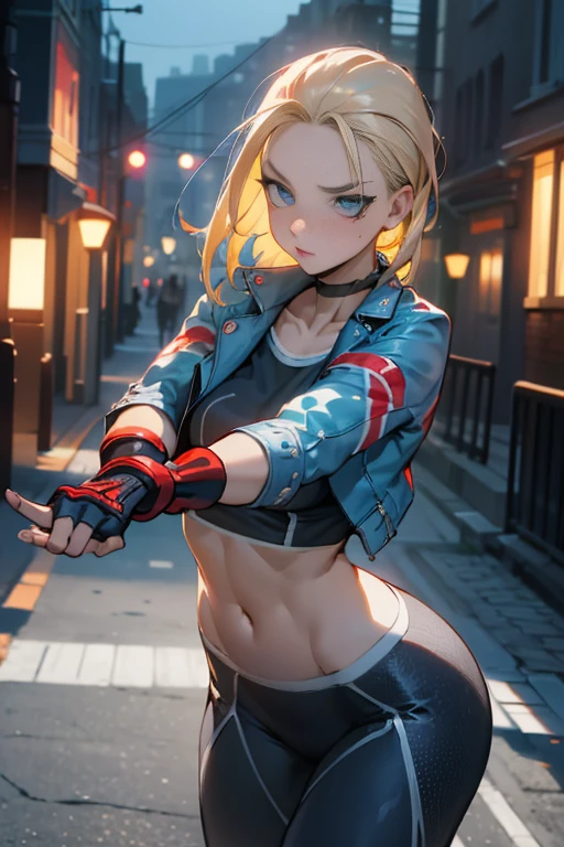 ((Best Quality, 8K, Masterpiece: 1.3)), Sharp Focus: 1.2, Beautiful Woman with Perfect Figure: 1.4, Wet Body: 1.1, Highly Detailed Face and Skin Texture, Detailed Eyes, Double Eyelids, (1girl), (Left Face Scar), (28 years old, Sexy Mature), (Vest Line, Slim Waist, Fitness Figure), (Blue Jacket), (Yoga Pants), (Buttocks), ((Big Blue Eyes, Long Eyelashes)), ((Pout)), ((Firm Nose)), Detailed Face, Best Light, Best Shadow, Edge Light, Dynamic Action, Fist Clenching, in London, Ray Tracing, Unreal Engine 5, ((Cammy white, Street Fighter 6, game CG character)), Beautiful shiny hair, (((dark gray tights)))), muscular, collar, abs, big breasts, fight sound effect text on screen, game fight style street background, kick fighting action, (kung fu action, comic speed line), ((Cammy White's Street Fighter 6 promotional poster style)), (leg muscle lines), ((Street Fighter 6 title)), neon lights, bustling and lively streets, tall buildings in the distance, at night