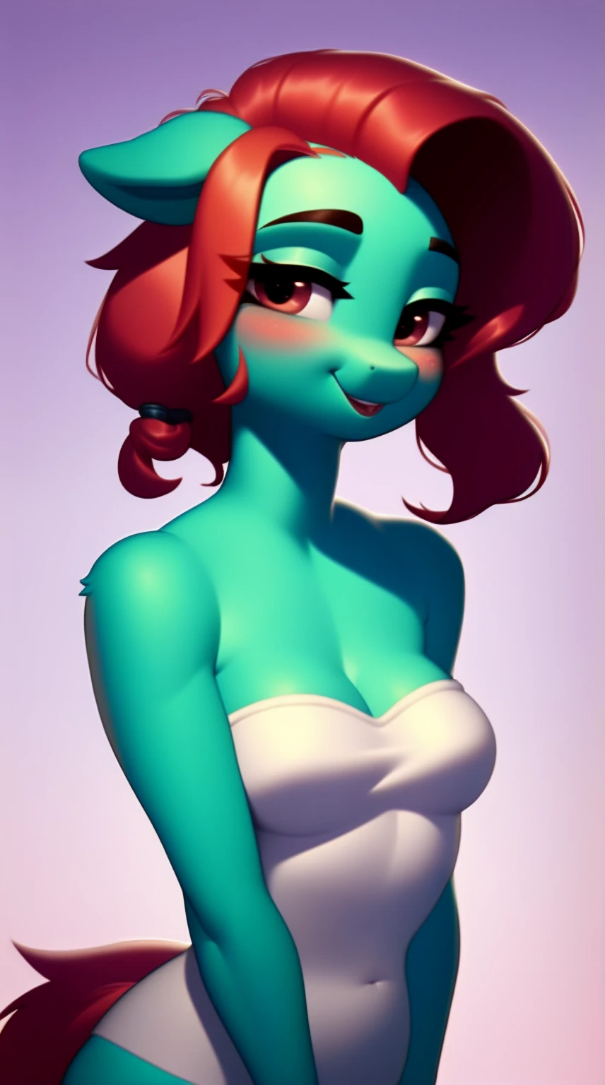 (score_9), (source_derpibooru_p_95), (solo), (earth pony), ((anthro jazz hooves1.1)), (strapless white tube dress), sexy, blushing, seductive look, messy hair, lidded eyes, sultry pose, bedroom eyes, anatomically correct, night garden, small breasts, solo, hourglass figure, curvy, plump body, young, short, chubby, cute, high res, facing straight at viewer, upper body portrait, hair tie,