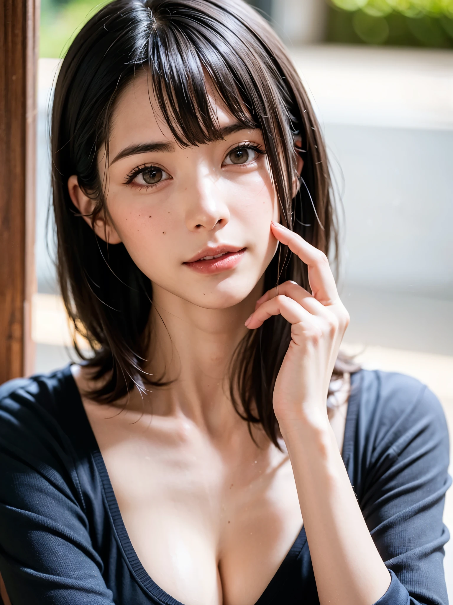 1人、top-quality、realisitic、report、depth of fields、natural soft light、during daytime、魅惑的、beauitful face、Cleanliness、Pure face、de pele branca、cute hawk hair、bangss、the beach、rays of sunshine、Nedium Breast Body Esbian、((Beautiful face with sweater golden ratio Beautiful face with symmetry))、long neck、Put your ears out、bangssのあるきれいな短いボブヘア、Smile with your mouth closed:1.4、Smile with your mouth closed:1.4、perfect hand指、perfect hand、Perfect body、face perfect、Shine a light into the eyes、Perfect Anatomy:1.4、very cute super model:1.4