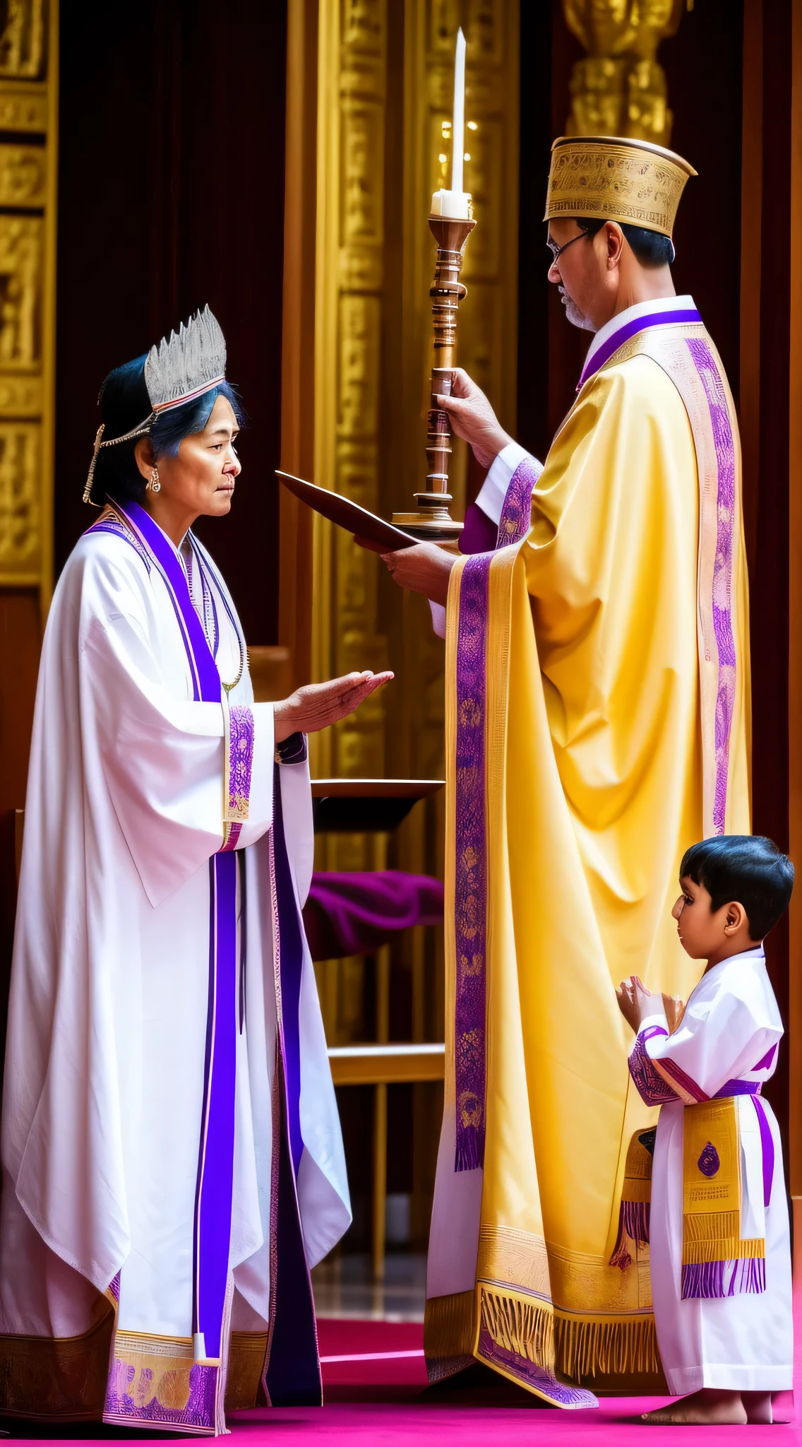 No majestoso interior do templo, the high priest with a huge white beard in his imposing robe of white gold and purple-blue linen, exibe seu manto sacerdotal ricamente adornado. Seu peito ostenta um peitoral cravejado de doze pedras preciosas, cada um gravado com o nome de uma das tribos de Israel, shining in the sanctuary candlelight. Ao seu lado, uma mulher de 60 anos com cabelo preto, vestido com trajes tradicionais, bows in reverence before the holy presence. Her countenance reveals respect and devotion as she watches the high priest, participating in the ritual with reverence and humility. Next to them, A Curious Child, talvez seu neto, observe the sacred scene with admiration, his eyes shining with innocence and admiration for the solemnity. do lugar e vestimentas cerimoniais do sumo sacerdote. The scene conveys a moment of passing of knowledge and tradition from one generation to another, between the solemnity of the ritual and the purity of childhood.