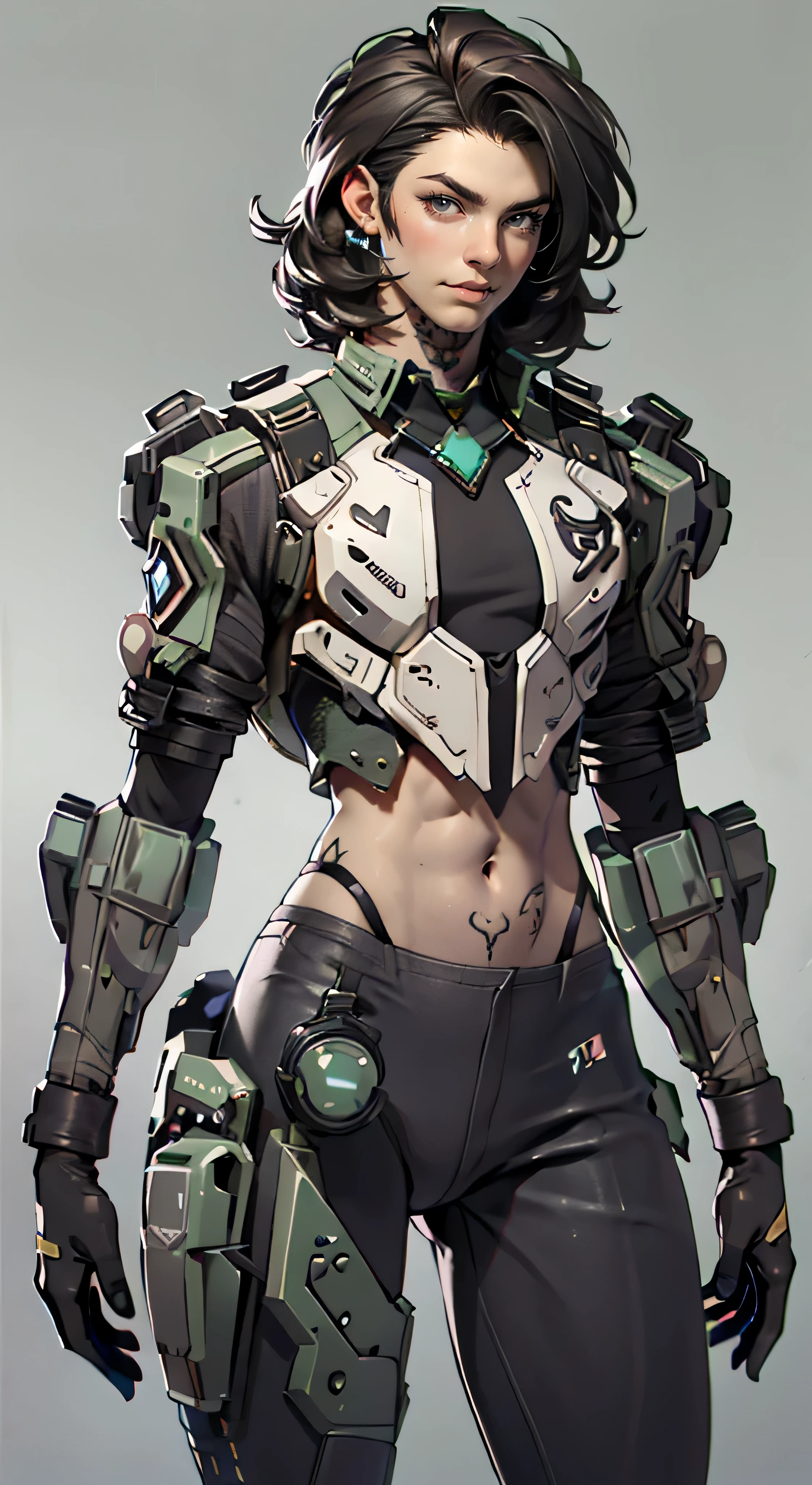 11:23(((Best quality at best: 1.4))),(Unbeatable masterpiece), (hyper HD),(Hyper-realistic 8k CG)、(Abdominal skin is not exposed)(dark colored hair) ((( body))), (((1 girl in))), 25-year-old American soldier with perfect body,,Beautiful and well-groomed face,muscular body:1.2,detailed solid color jacket, (Pictures from head to thighs), Complex equipment, Dark Green,long trousers,Close-fitting clothes are dark,With white stars and off-white stripes,,,,,Metal electronic parts for armor, Poison tattoos )
