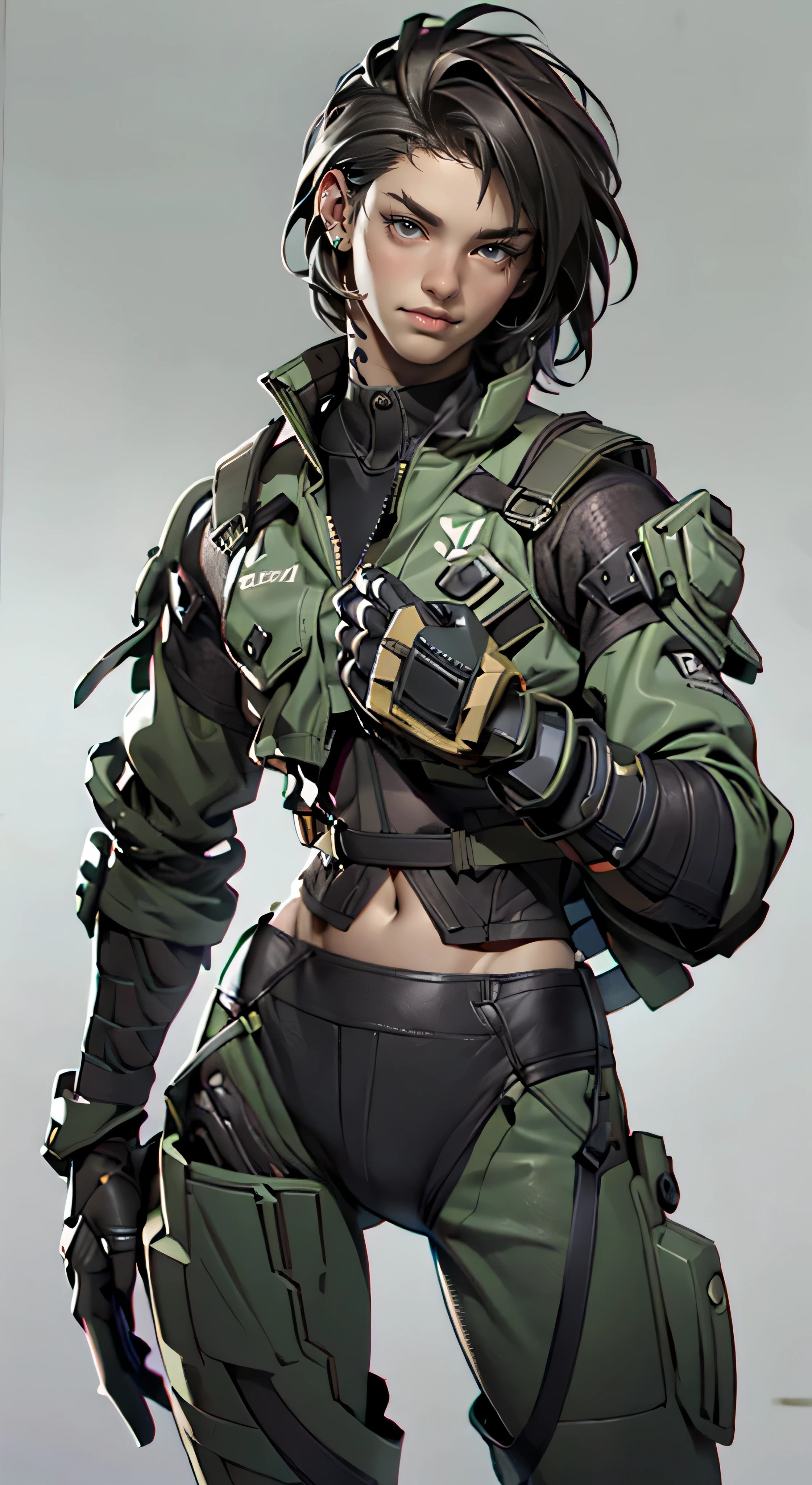 11:23(((Best quality at best: 1.4))),(Unbeatable masterpiece), (hyper HD),(Hyper-realistic 8k CG)、(Abdominal skin is not exposed)(dark colored hair) ((( body))), (((1 girl in))), 25-year-old American soldier with perfect body,,Beautiful and well-groomed face,muscular body:1.2,detailed solid color jacket, (Pictures from head to thighs), Complex equipment, Dark Green,long trousers,Close-fitting clothes are dark,With white stars and off-white stripes,,,,,Metal electronic parts for armor, Poison tattoos )