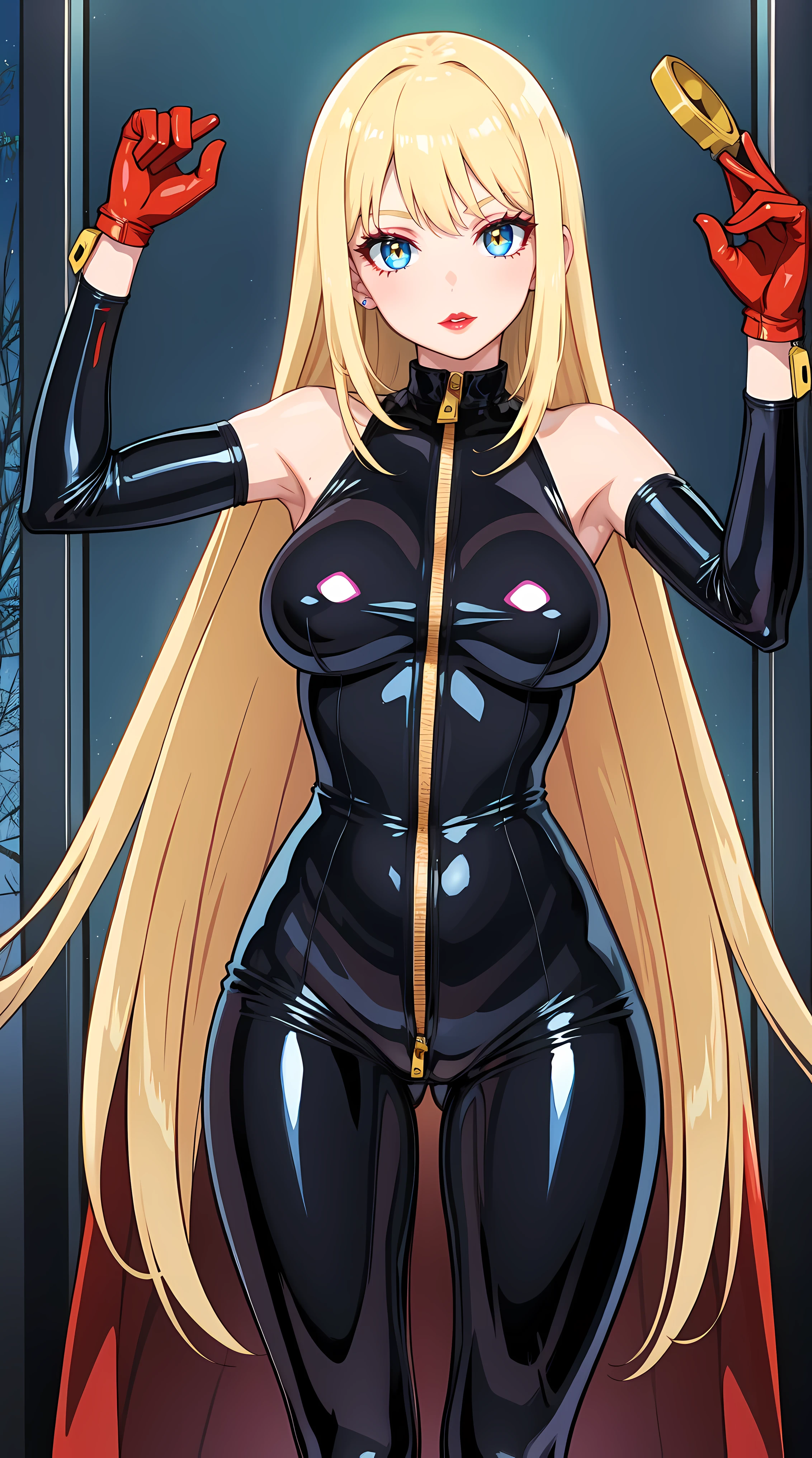 masterpiece art, anime, girl, solo, gorgeous body, gorgeous girl, beautiful character design, 8k, hd, perfectly painted, latex glossy bodysuit, zipped bodysuit, latex gloves, black latex, spreading legs, hands up, armpit, beautiful woman, mature woman, long hair, blonde hair, standing at attention,