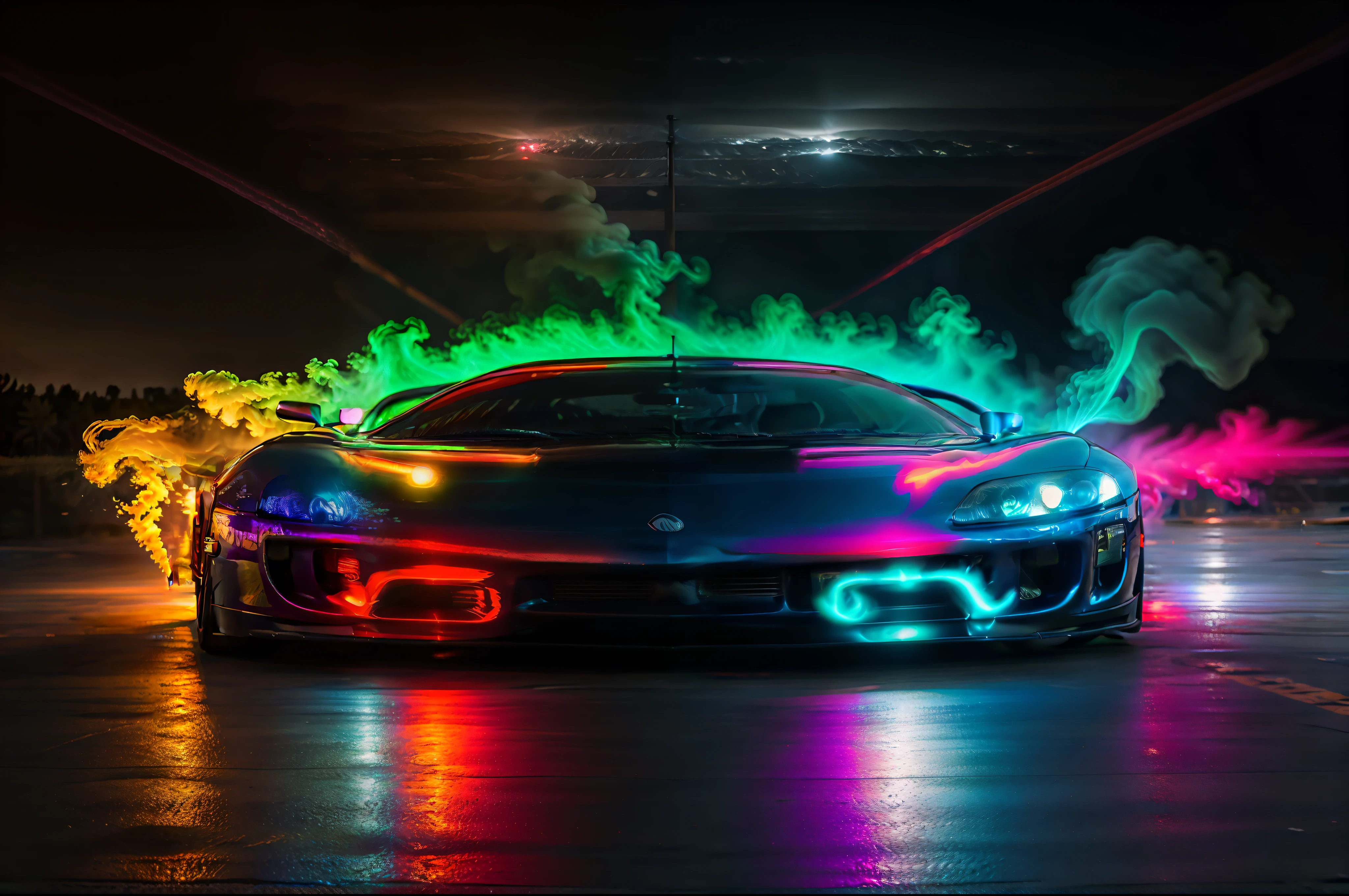a colorful car with smoke coming out of it, colorful 8 k, hyper colorful, neon fog, hq 4k phone wallpaper, stunning colors, wallpaper 4k, wallpaper 4 k, hq 4k wallpaper, wallpaper mobile, car with holographic paint, incredible colors, hypersaturated, colorful glow, 8k stunning artwork, supercar, vibrant color scheme 8k, highly colorful