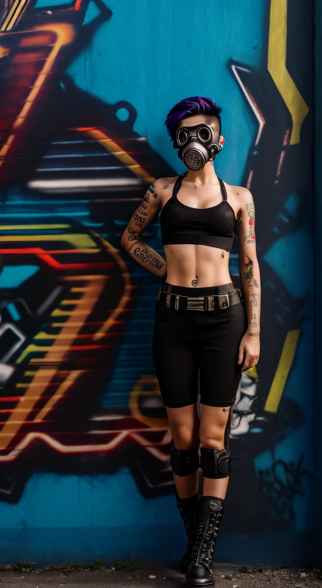 masterpiece, realistic photography,full body, best quality,1 women, gas mask, neonpunk style,wall graffiti, short pixie cut hair styles, tattoo , Small and petite body shape,Wearing a mechanic's uniform,