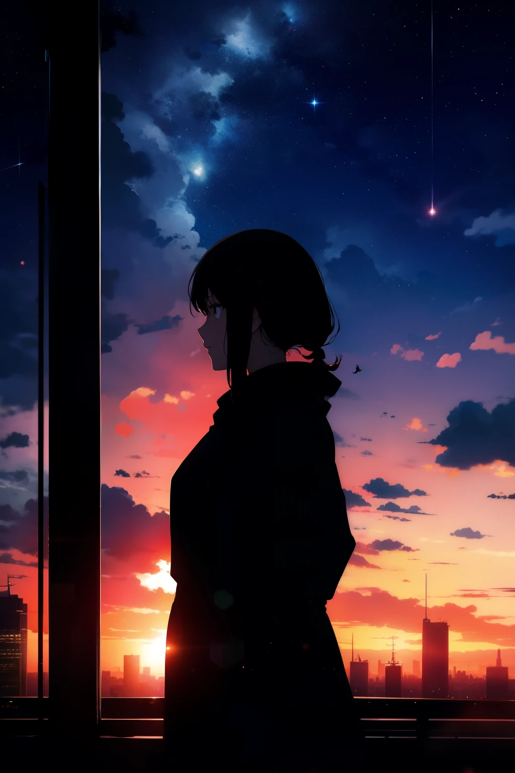 anime, (silhouette),1girl, star (sky), cloud, cityscape, building, city, outdoors, skyscraper, city lights, night, night sky, sunset, skyline
