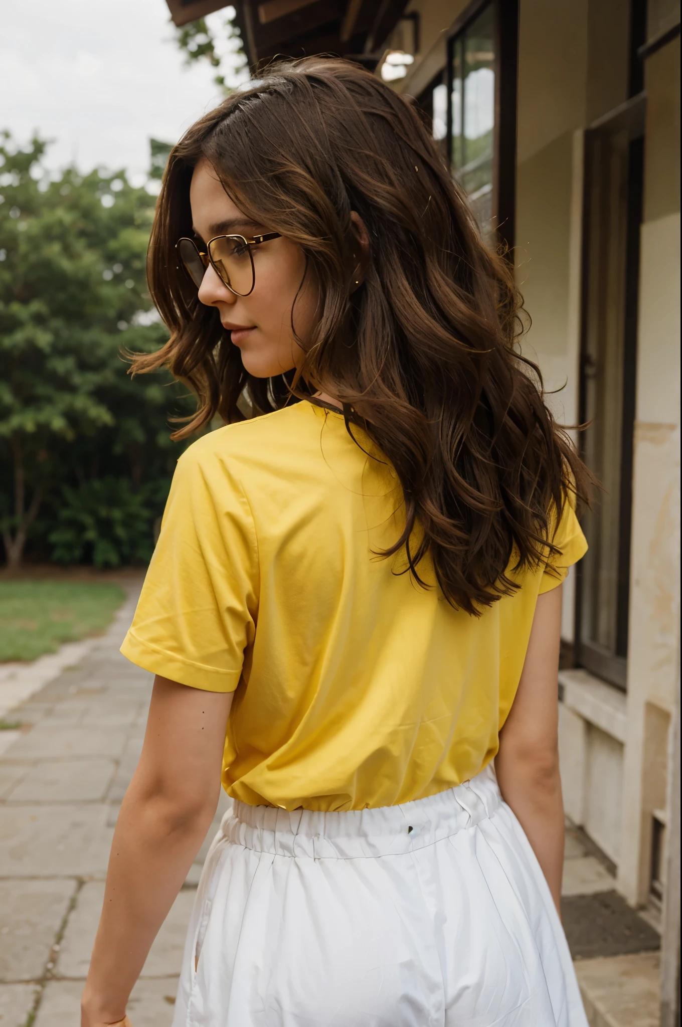 Pretty woman with a brown curly hair looking to a pretty landscape from behind, wearing a yellow shirt and white glasses