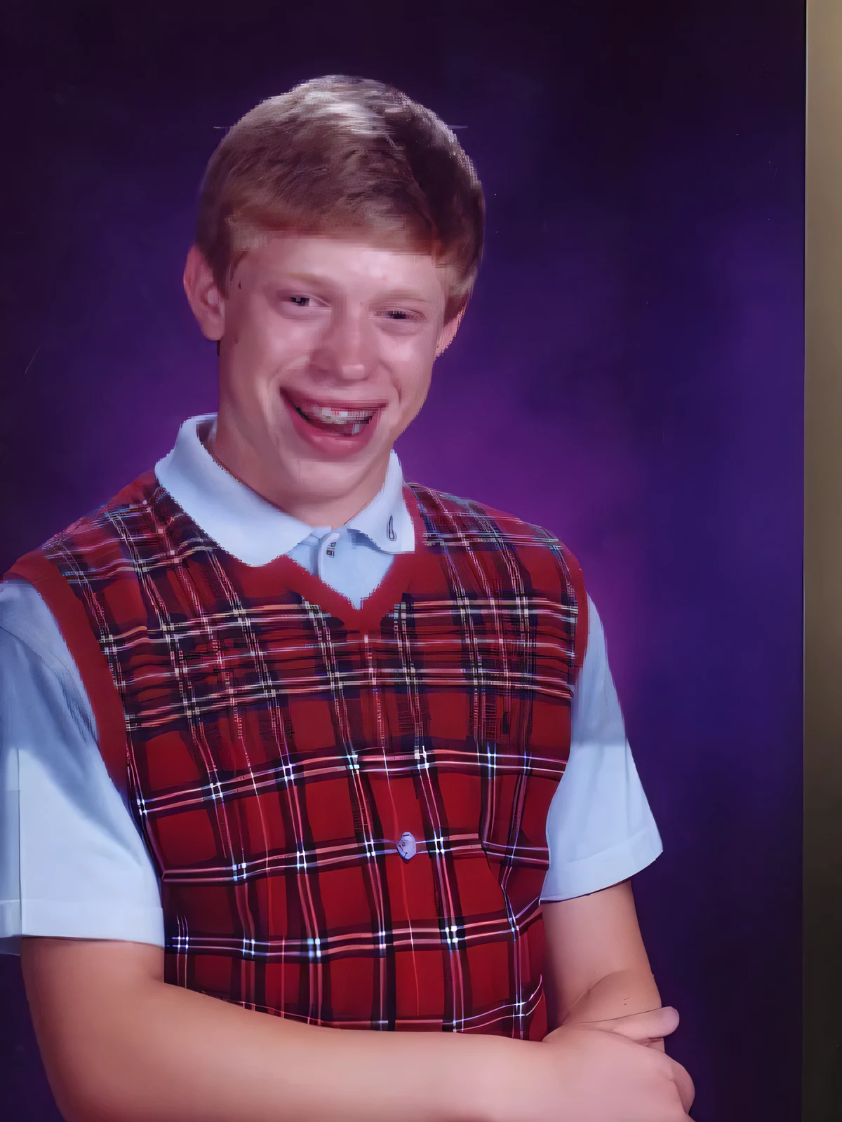 arafed boy in a plaid vest smiles at the camera, yearbook photo, around 1 9 , taken in the late 2000s, taken in the mid 2000s, taken in the 2000s, old yearbook photo, grinning lasciviously, aphex twin, without eyebrows, 1 6 years old