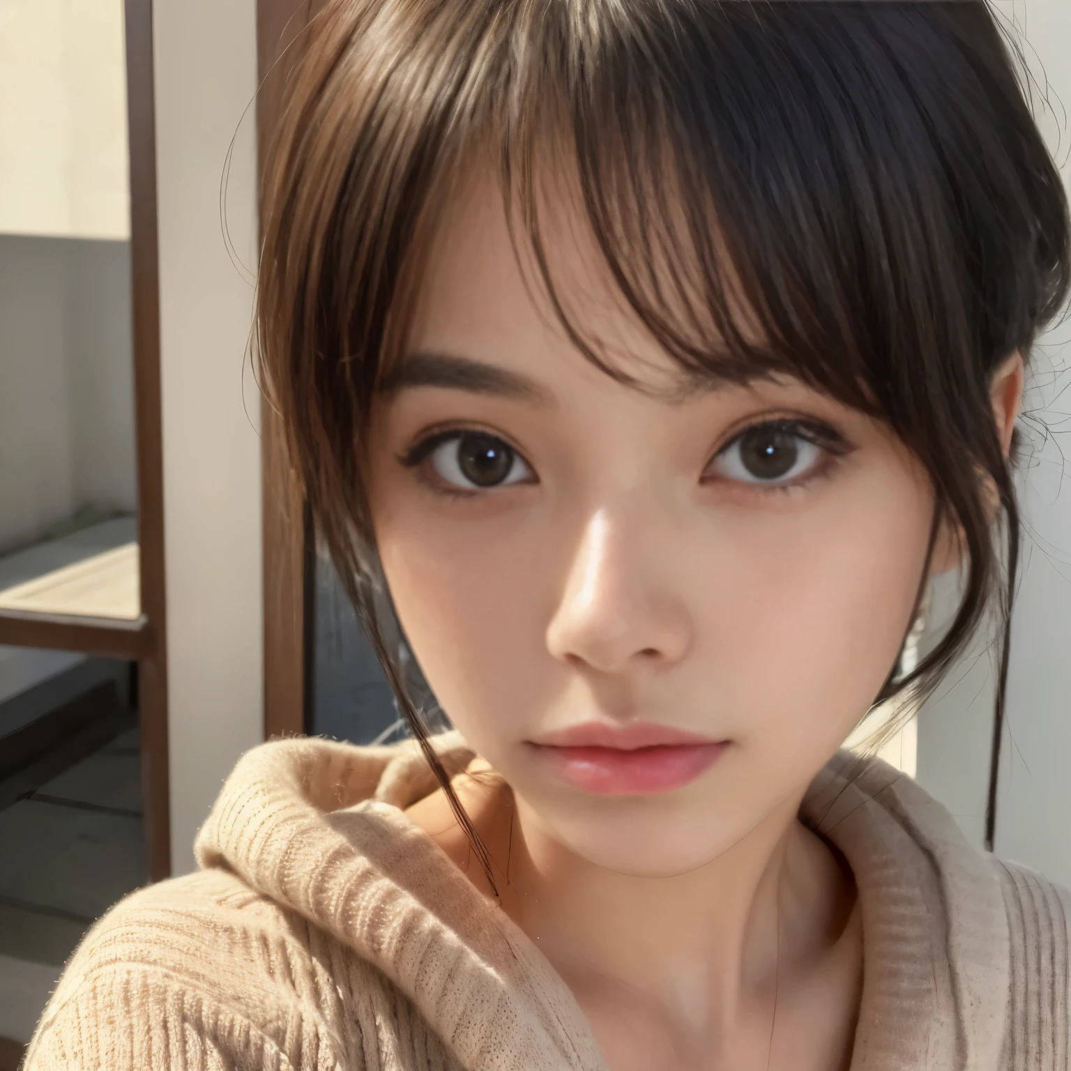 ((Best-quality, Masterpiece, Ultra-High-Resolution, (Photorealistic:1.4), Raw-Photo, Extremely-Details, Perfect-Anatomy)), 1girls, 18-years-old, the most popular Japanese idol, extremely cute face like a most famous Japanese idol, extremely beautiful big-black-solid-eyes, extremely beautiful black-short-cut-haired, extremely beautiful lips, extremely beautiful long-eyelashes, (extremely beautiful realistic-skins, wearing only loose-sweater, portrait, selfie