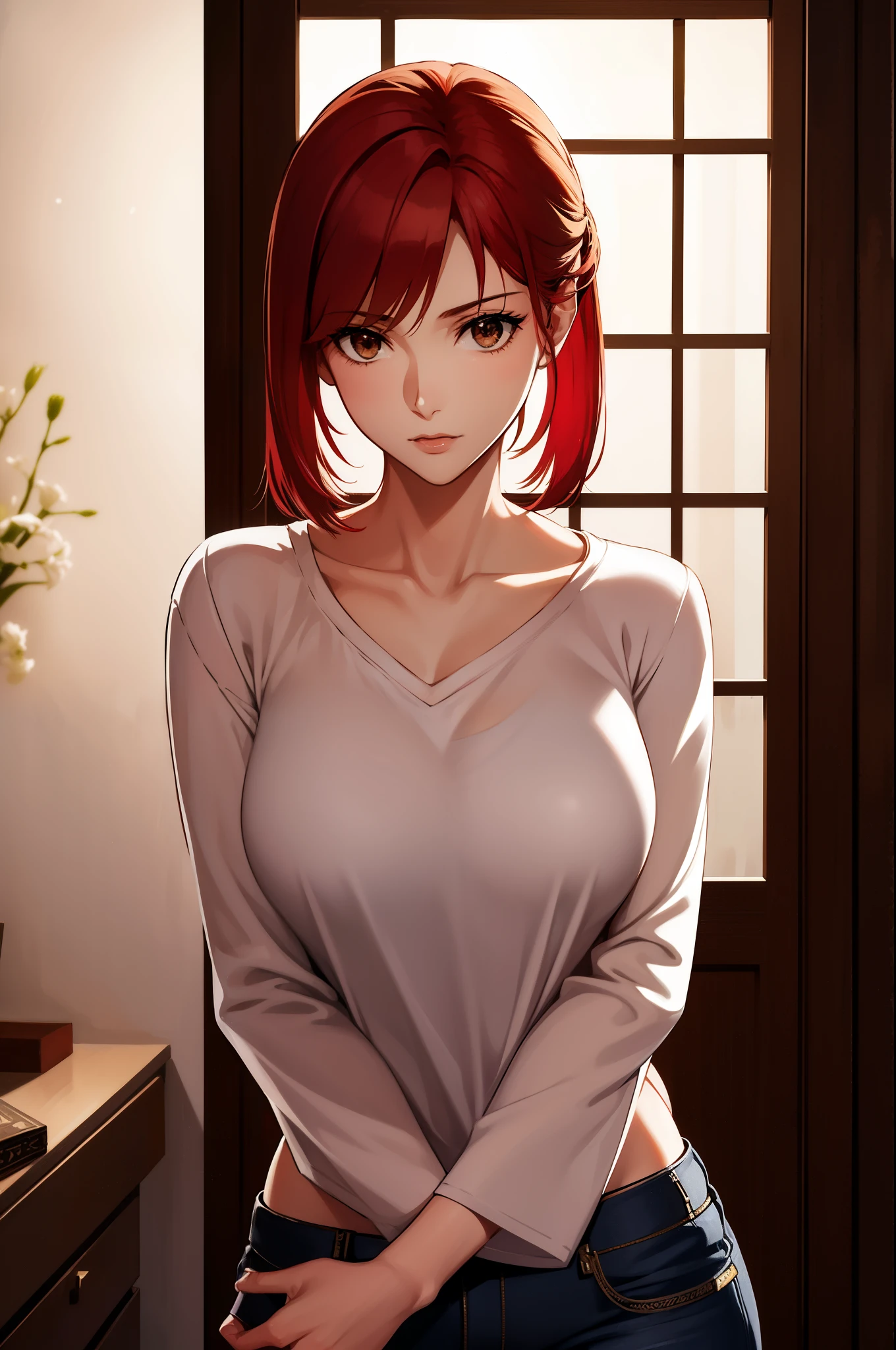 (masterpiece), best quality, expressive eyes, perfect face, highres, 1 girl, solo, shirou emiya girl, (red hair:1.5), adult, medium hair, (brown eyes:1.5), (female body:1.3), blue pants, collarbone, pants, shirt, long sleeves, white shirt, oversized shirt, raglan sleeves, blushing, surprised, frightened, standing, portrait, looking at the viewer, japanese house interior, japanese house background