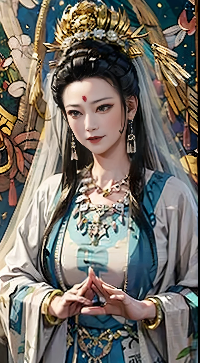 photo of a woman in a white dress with a blue sash and a gold necklace on her head, Guanyin, classical painting, a detailed painting, cloisonnism,realism