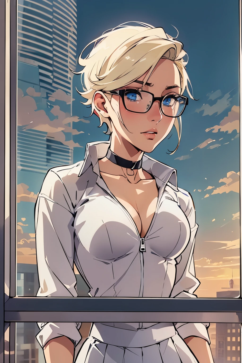 female, short straight blonde hair, blue eyes, white suit jacket, white skirt, long white high heel boots, black choker, no t shirt, medium boobs, glasses, blushing, in front of a window