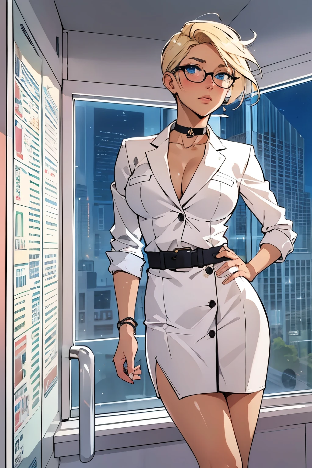 female, short straight blonde hair, blue eyes, white suit jacket, white skirt, long white high heel boots, black choker, no t shirt, medium boobs, glasses, blushing, in front of a window