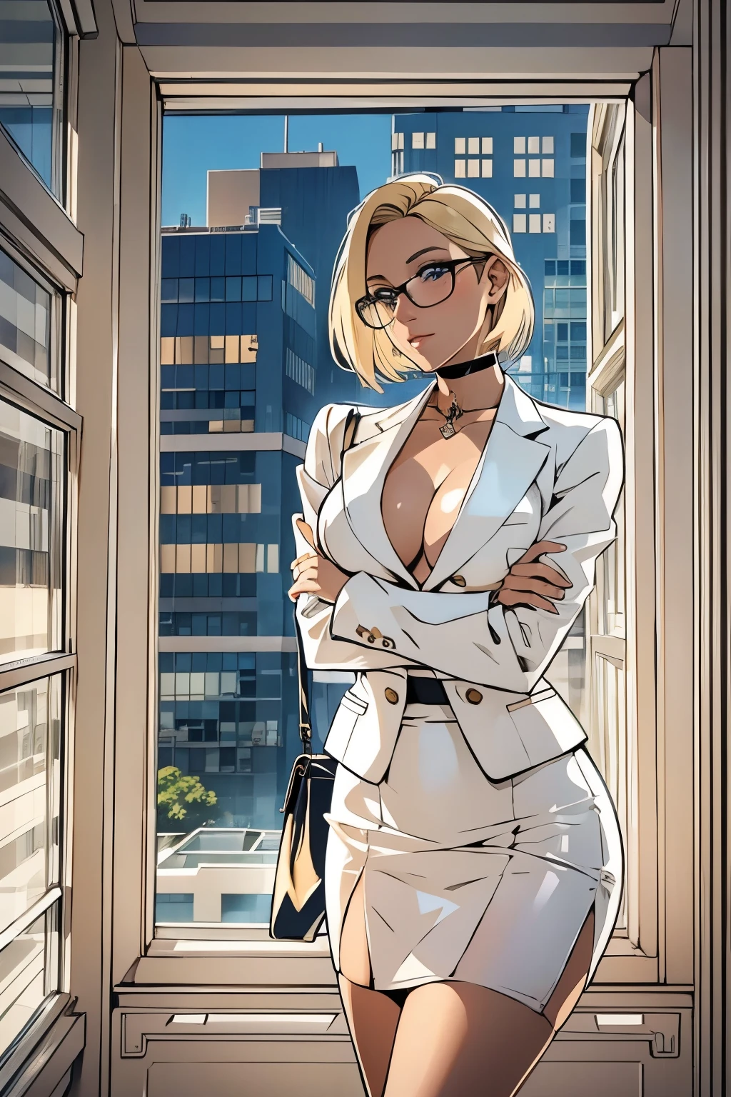 female, short straight blonde hair, blue eyes, white suit jacket, white skirt, long white high heel boots, black choker, no t shirt, medium boobs, glasses, blushing, in front of a window