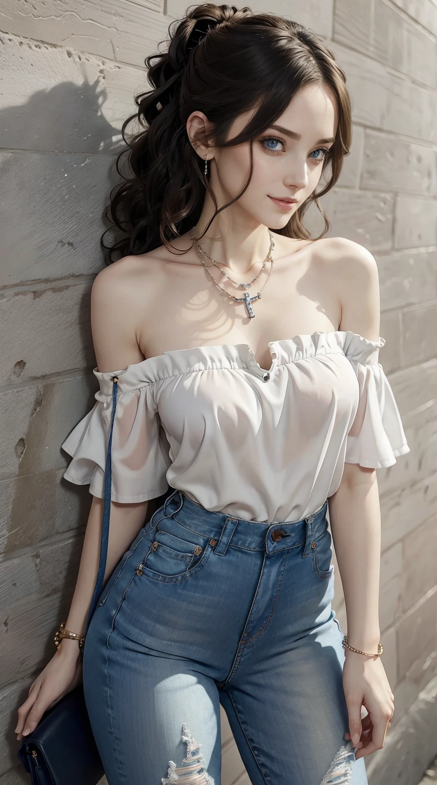 26 year old white woman、Hair is brunette、Eye color is blue、Longhaire、Slender but well-proportioned muscular body、She is wearing a frilly one-shoulder top.、wearing skinny jeans、wearing a rosary necklace、accessories on the wrist、setting hair、a smile、I have a clutch bag、I am in front of a wall with wall art written on it.、I'm so excited、I'm pulling my hair up