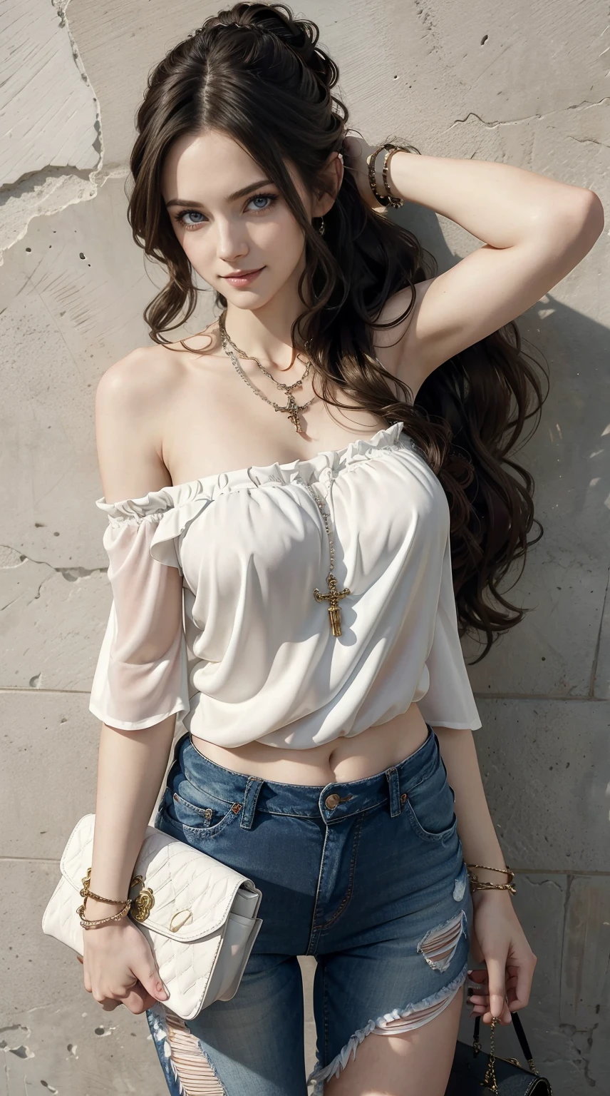 26 year old white woman、Hair is brunette、Eye color is blue、Longhaire、Slender but well-proportioned muscular body、She is wearing a frilly one-shoulder top.、wearing skinny jeans、wearing a rosary necklace、accessories on the wrist、setting hair、a smile、I have a clutch bag、I am in front of a wall with wall art written on it.、I'm so excited、I'm pulling my hair up