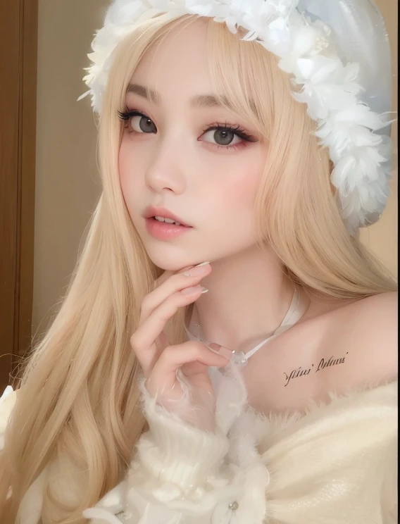 un primer plano de una mujer con cabello largo y rubio con un sombrero blanco, piel blanca lechosa, pale milky white porcelain skin, Lalisa Manobal, ulzzang, Porcelana piel blanca, Hermosa mujer surcoreana, Wan adorable cara coreana, maquillaje popular de Corea del Sur, pale Porcelana piel blanca, con el pelo largo y blanco, Chica coreana, con pelo largo blanco