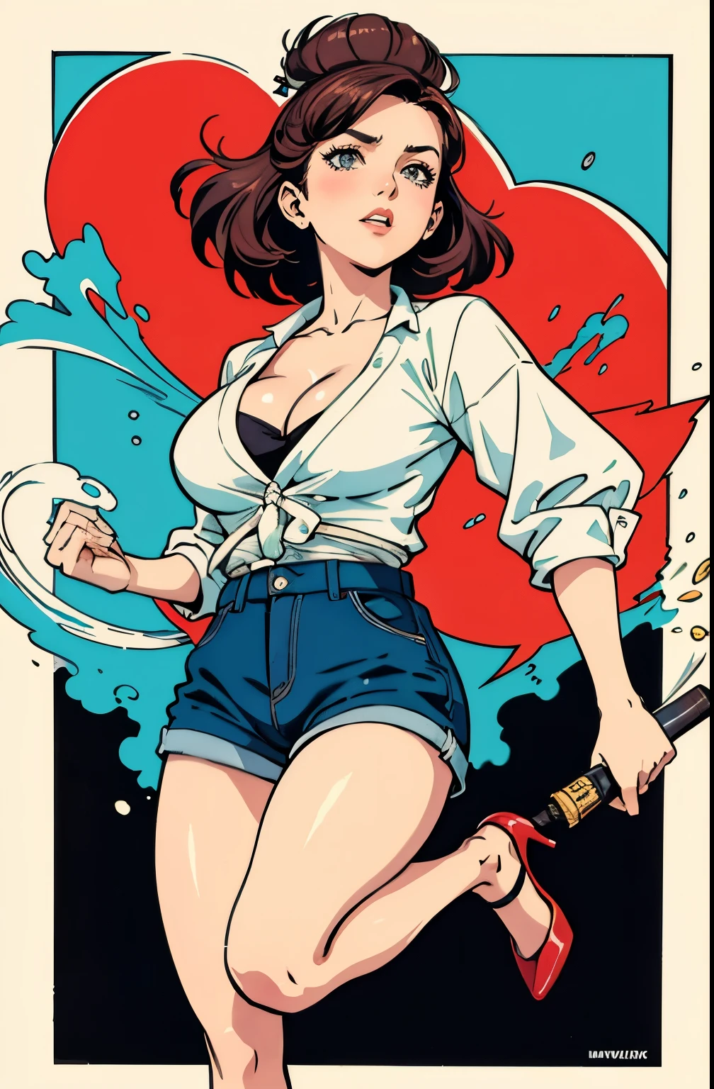 ((masterpiece)), (best quality), (cinematic), (watercolor painting), vintage art, 1girl, solo, a mature woman in a white top and high waisted shorts, large breast, chubby, martin ansin, martin ansin artwork, moebius + artgerm, beautiful comic art, joao ruas, by José Comas Quesada, Feng Fujiko , inspired by Vincent Lefevre, jamie mckelvie comic art, milo manara style, full body, cleavage, running, high heels ,Cute Ukiyo-e,