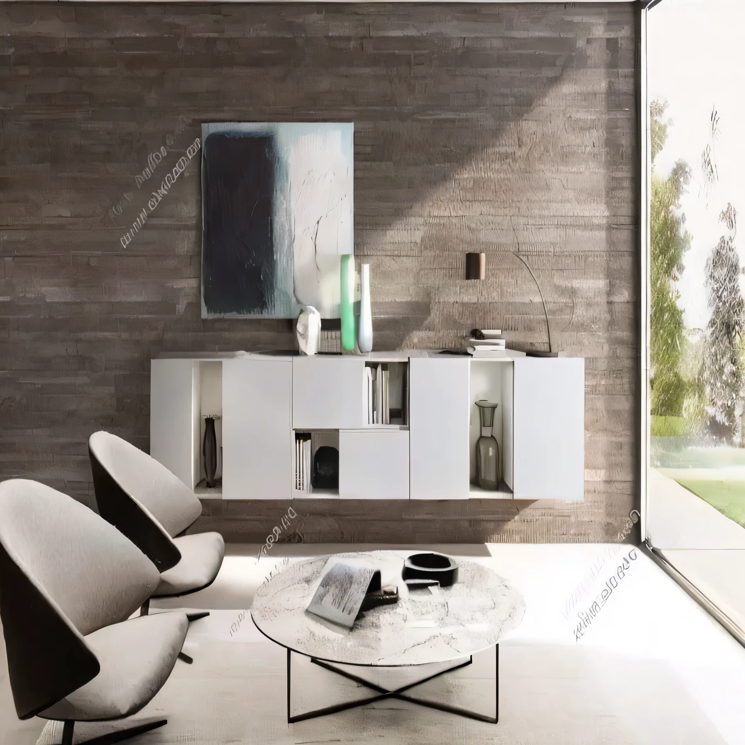 a view of a living room with a couch, a chair, table and a painting, popular interior design style, Fundo sala de estar墙, modernsimplicity, placed in a large living room, furniture, cabinet furniture, modern living room, morden style, white furniture, placed in a living room, and modern, modernsimplicity设计, luxurious furniture, Fundo sala de estar