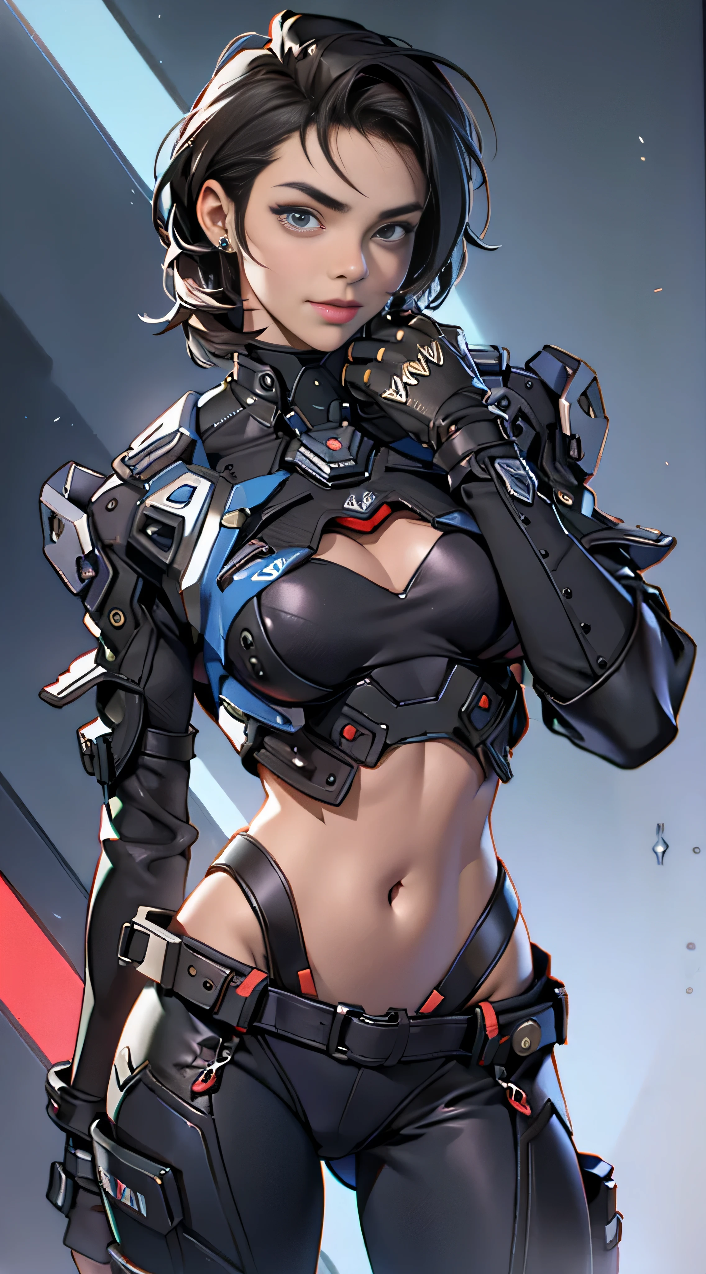 11:23(((Best quality: 1.4))),(Unbeatable masterpiece), (hyper HD),(Hyper-realistic 8k CG)、(dark colored hair) ((( body))), (((1 girl in))), 25-year-old American soldier with perfect body,,Beautiful and well groomed face,muscular body:1.2,Solid royal blue jacket with details, (Pictures from head to thighs), Complex equipment, royal blue,long trousers,The clothes inside are dark,Clothes with armored metal electronic parts, Poison tattoos )