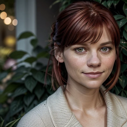 (best quality, highres), 40-year-old Claire Danes with dark red hair and bangs, beautiful detailed eyes, captivating expression, showcasing a closed wide smile, extremely detailed lips, and a bulbous nose. She resembles her character from "My So-Called Life," but aged to her 40s. Her hair falls naturally around her face, framing her features perfectly. The lighting accentuates her vibrant hair color, creating a warm and inviting atmosphere. She is sitting in a lush garden filled with vibrant flowers and greenery, adding an element of nature to the scene. The image is rendered in a realistic style, with ultra-fine details and professional execution. The colors are vivid and rich, emphasizing the natural beauty of the subject. The composition is carefully crafted to showcase Claire Danes as the focal point, drawing the viewer's attention to her captivating presence. She is wearing long wool socks.