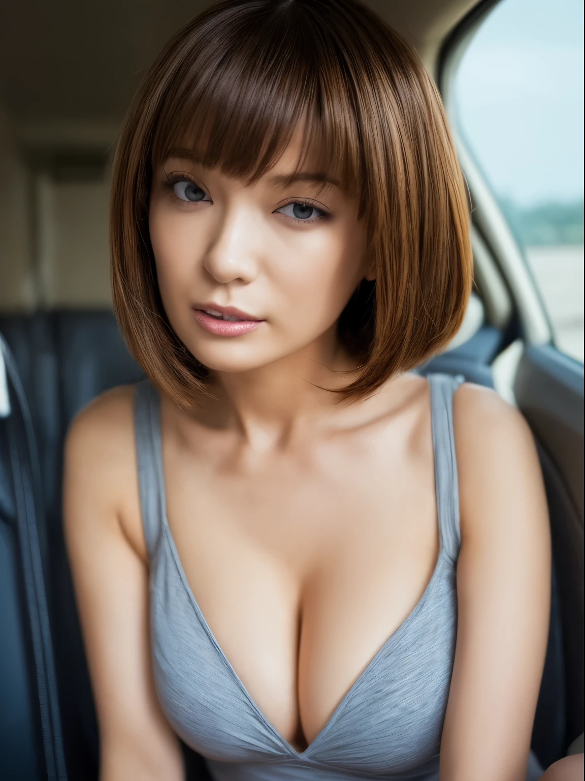 1 beautiful woman, 40 years old, Brunette Bob Cut Hair, ultra-detailliertな顔、Detailed lips、A detailed eye、(Huge breasts:1.3), 二重まぶた, Short-sleeved blouse, ((micromini skirt)),  cleavage, panties on、(thighs thighs thighs thighs), Sitting on the bus、8K, masutepiece, Best Quality, ultra-detailliert, 超A high resolution, professional photograpy, Official art, Wallpaper, hyper realisitic, Photorealistic, Realistic
