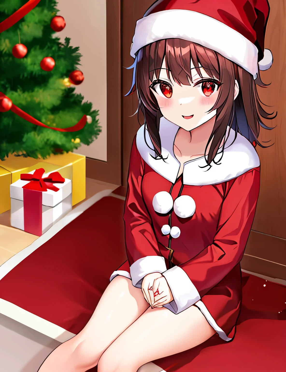 Megumin, red eyes, cabelos curto, cabelo castanho, Santa Claus Christmas outfit, em casa, perto da lalaleira, hands crossed, com vergonha, presentes de natal, white christmas tree, beautiful hands and feet.