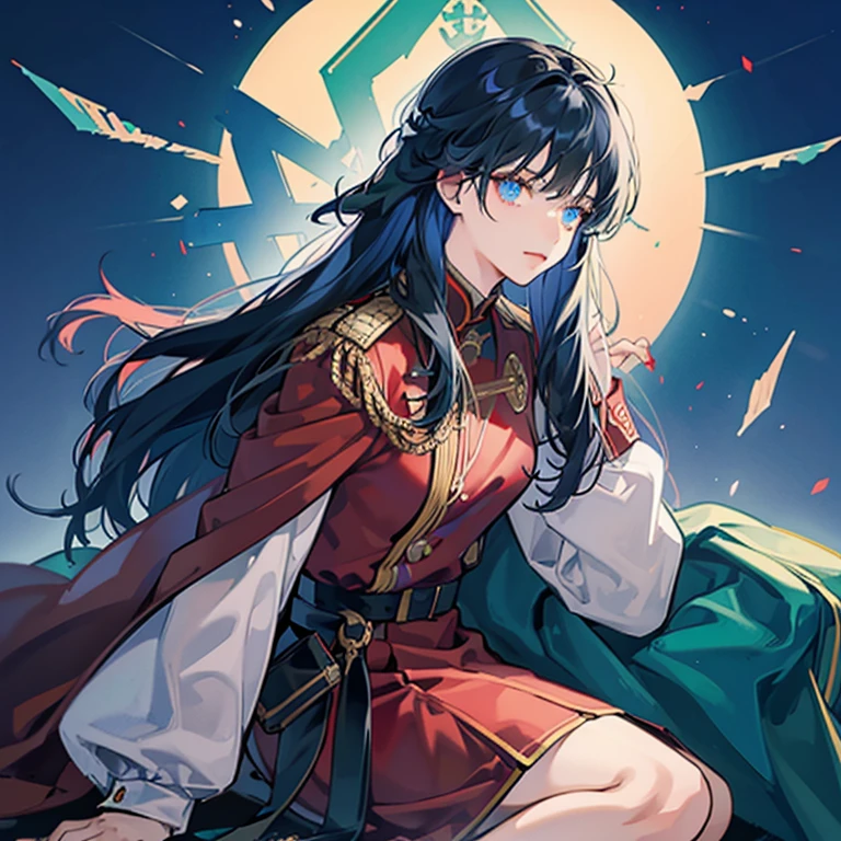 A girl with long black hair wearing a red military uniform,Blue inner color for hair,,Has bangs,Eyes are blue,Glowing blue eyes,red military uniform with green cape,a cool,A slight smil