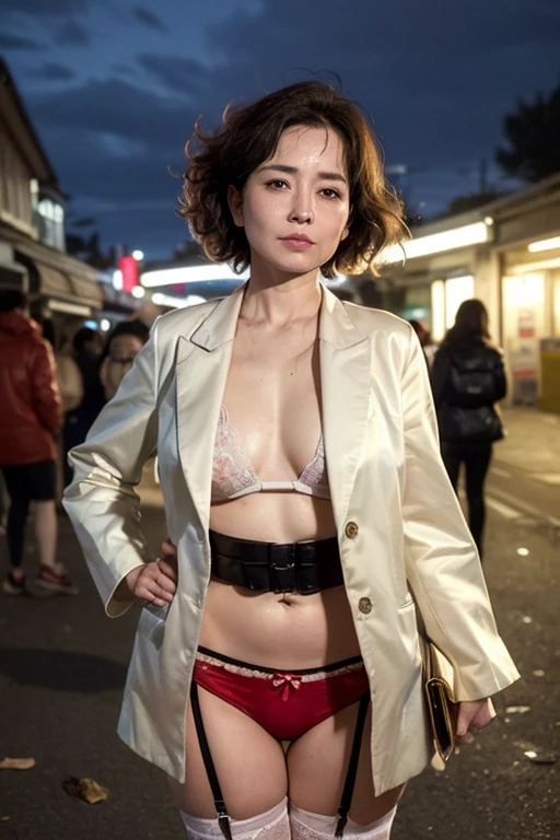 (A strong wind is blowing and her hair is fluttering:1.5)、(It's raining heavily and she's very wet)、(she is a mature woman)、(she looks sad like she's about to cry)、(She is staring at the camera)、(She wears a cute collar with a big bell attached to it and carries it by herself.)、 (She has long golden hair and messy curls.)、(she has a very thin body:1.2)、(she has very small breasts)、(She is wearing an embarrassingly short micro miniskirt.)、(She wears very sensational and unique underwear)、(she wears a frilly garter belt)、 (She's standing)、(She has her hands on her hips)、(she is showing her armpits)、(Top image quality、top-quality、Top resolution、Masterpiece、ultra-detailliert、foco nítido、depth of fields、8K)、(at night or during the day、the weather is cloudy)、(The location is a shopping street in front of a dilapidated station in the countryside.)、(There is a lot of untidy garbage and rotten, rusted, and broken items that have been left unattended for decades.)、(The background is messy)、she is wearing a thin jacket、I'm wearing high heels、have something in hand