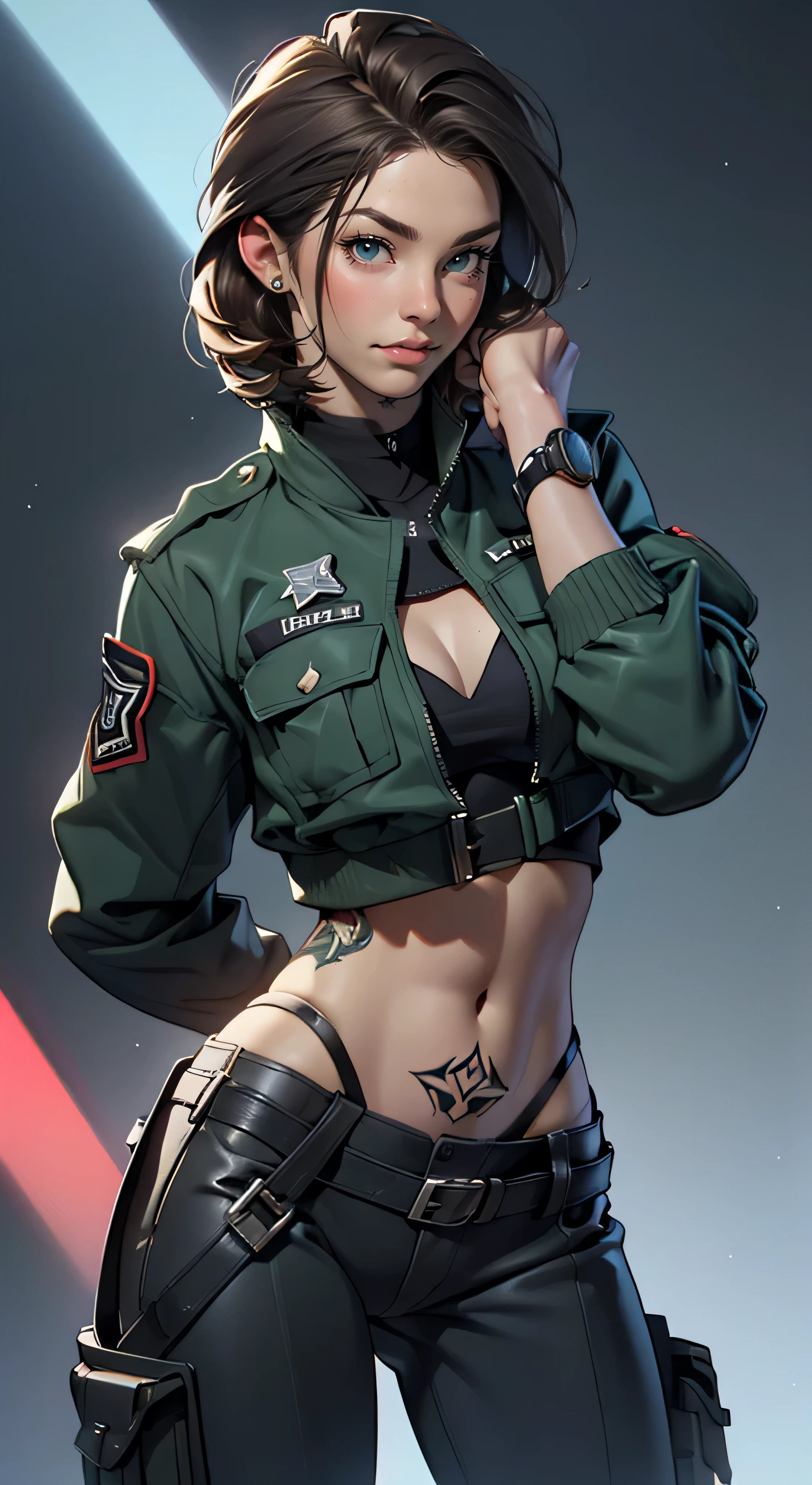 ana of arms, big chest, police, long hair, sunlasses, holster, rivets, long black jacket, just one body, big gun in hands, in action, in ruins, explosions behind, fire behind, front view, movie poster