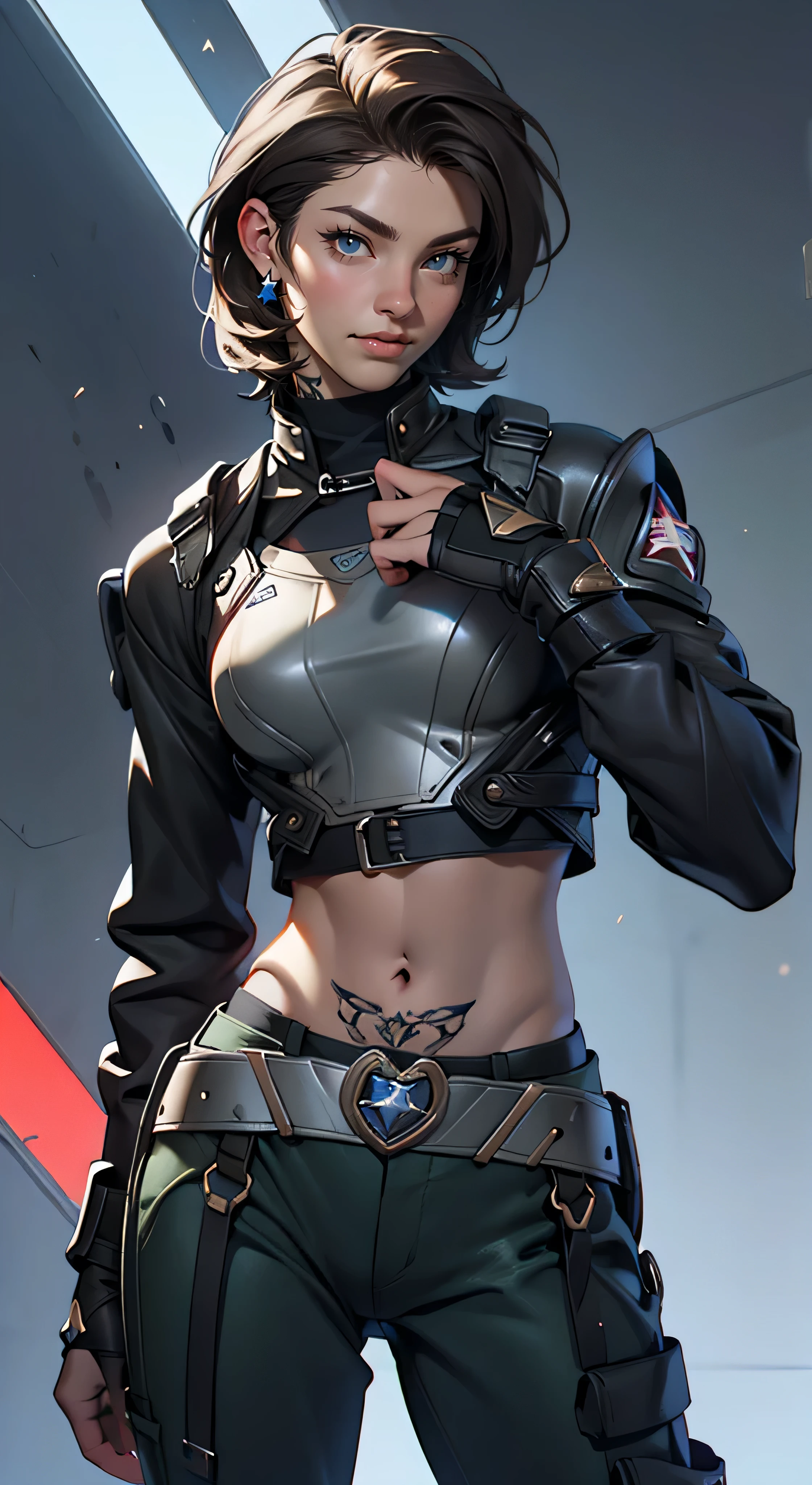 11:23(((Best quality: 1.4))),(Unbeatable masterpiece), (hyper HD),(Hyper-realistic 8k CG)、（of clothes&#39;University teacher&#39;don&#39;t show your waist）（dark colored hair） ((( body))), (((1 girl in))), 25-year-old American soldier with perfect body,,Beautiful and well groomed face,muscular body:1.2,detailed solid color jacket, (Pictures from head to thighs)， Complex equipment, Dark Green，long trousers，Close-fitting clothes are dark，With white stars and off-white stripes,,,,,Metal electronic parts for armor, Poison tattoos )