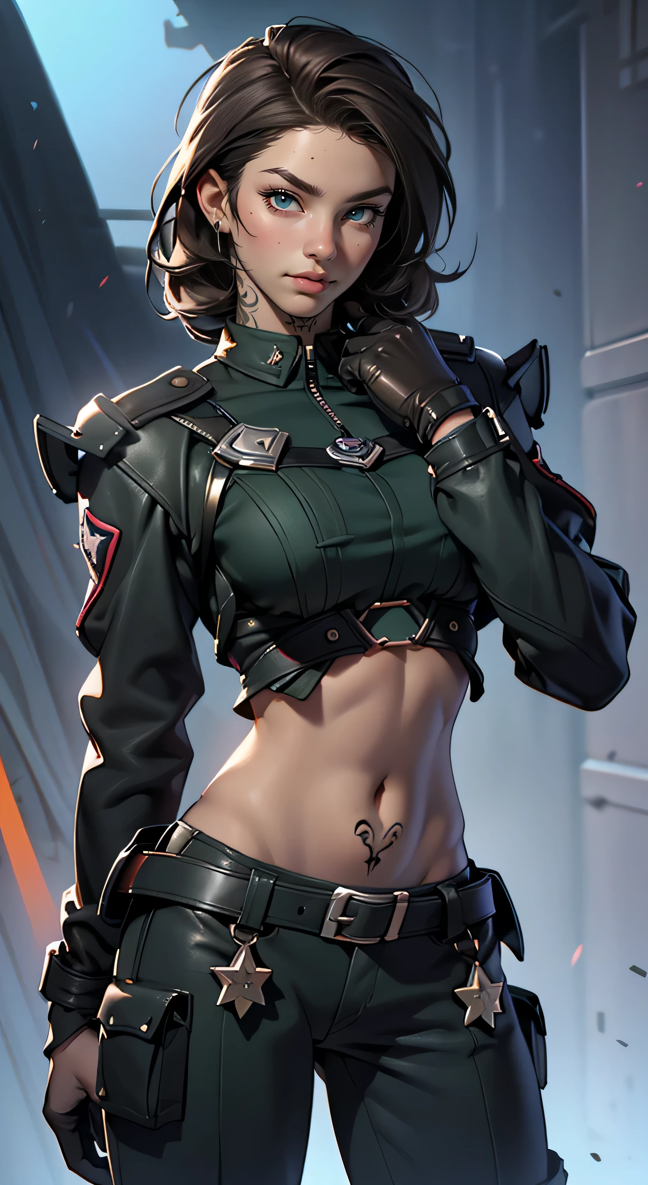 11:23(((Best quality: 1.4))),(Unbeatable masterpiece), (hyper HD),(Hyper-realistic 8k CG)、（of clothes&#39;University teacher&#39;don&#39;t show your waist）（dark colored hair） ((( body))), (((1 girl in))), 25-year-old American soldier with perfect body,,Beautiful and well groomed face,muscular body:1.2,detailed solid color jacket, (Pictures from head to thighs)， Complex equipment, Dark Green，long trousers，Close-fitting clothes are dark，With white stars and off-white stripes,,,,,Metal electronic parts for armor, Poison tattoos )
