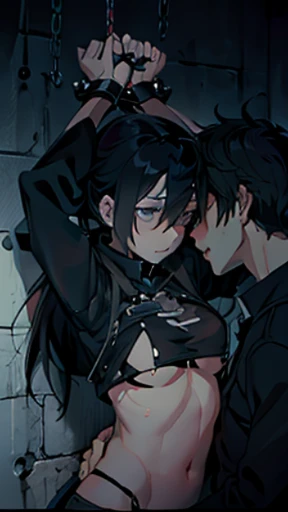 handcuffed Mato Kuroi from black rock shooter with her shirt up showing her boobs pressing her boobs against an emo guy kissing him  passionate, tenderness, rape, sex, forced, restrained, bdsm, bondage, sexual intercourse