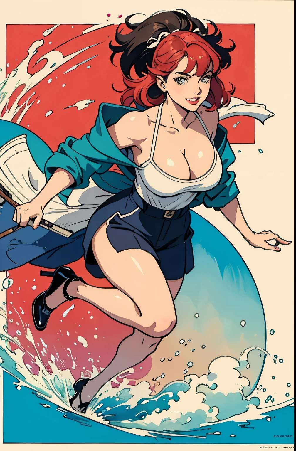 ((masterpiece)), (best quality), (cinematic), (watercolor painting), vintage art, 1girl, solo, a mature woman in a white top and high waisted shorts, large breast, chubby, martin ansin, martin ansin artwork, moebius + artgerm, beautiful comic art, joao ruas, by José Comas Quesada, Feng Fujiko , inspired by Vincent Lefevre, jamie mckelvie comic art, milo manara style, full body, cleavage, running, high heels ,Cute Ukiyo-e, dynamic pose,