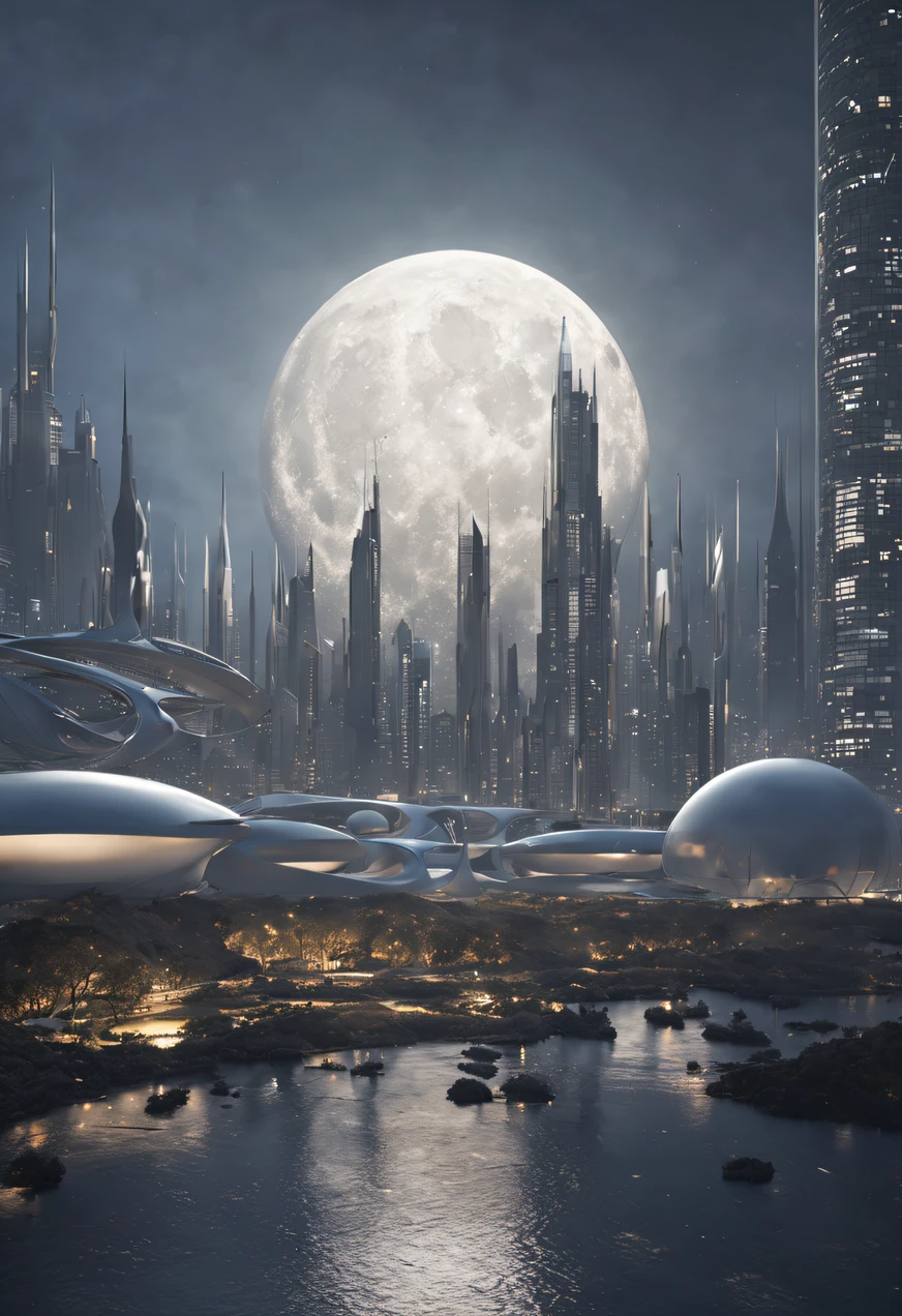 Imagine a futuristic cityscape on the moon, characterized by a striking palette of all white and gray shades. Envision the architectural marvels, with buildings taking on unique shapes such as spheres and domes. Picture these structures seamlessly blending with the lunar landscape, creating a harmonious and otherworldly city. Capture the interplay of light and shadow on the lunar surface, with futuristic buildings casting geometric patterns as they reflect the subdued moonlight. This city represents a vision of advanced technology and innovative design, establishing a breathtaking lunar metropolis that harmonizes with the celestial surroundings.Realistic fantasy rendering，By Chasbio，epic and stunning，archviz，Epic architecture，concept-art。 modern futuristic design，Huge cities in space，Futuristic city landscape，Realistic beehive architecture. from far away