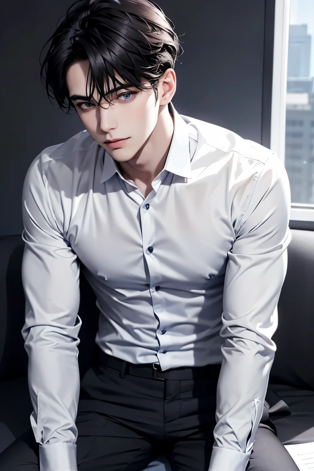 A handsome man sits in front of his work，Sign the document，the only person，At the office，blue color eyes，with short black hair，（A neat black suit），white  shirt，