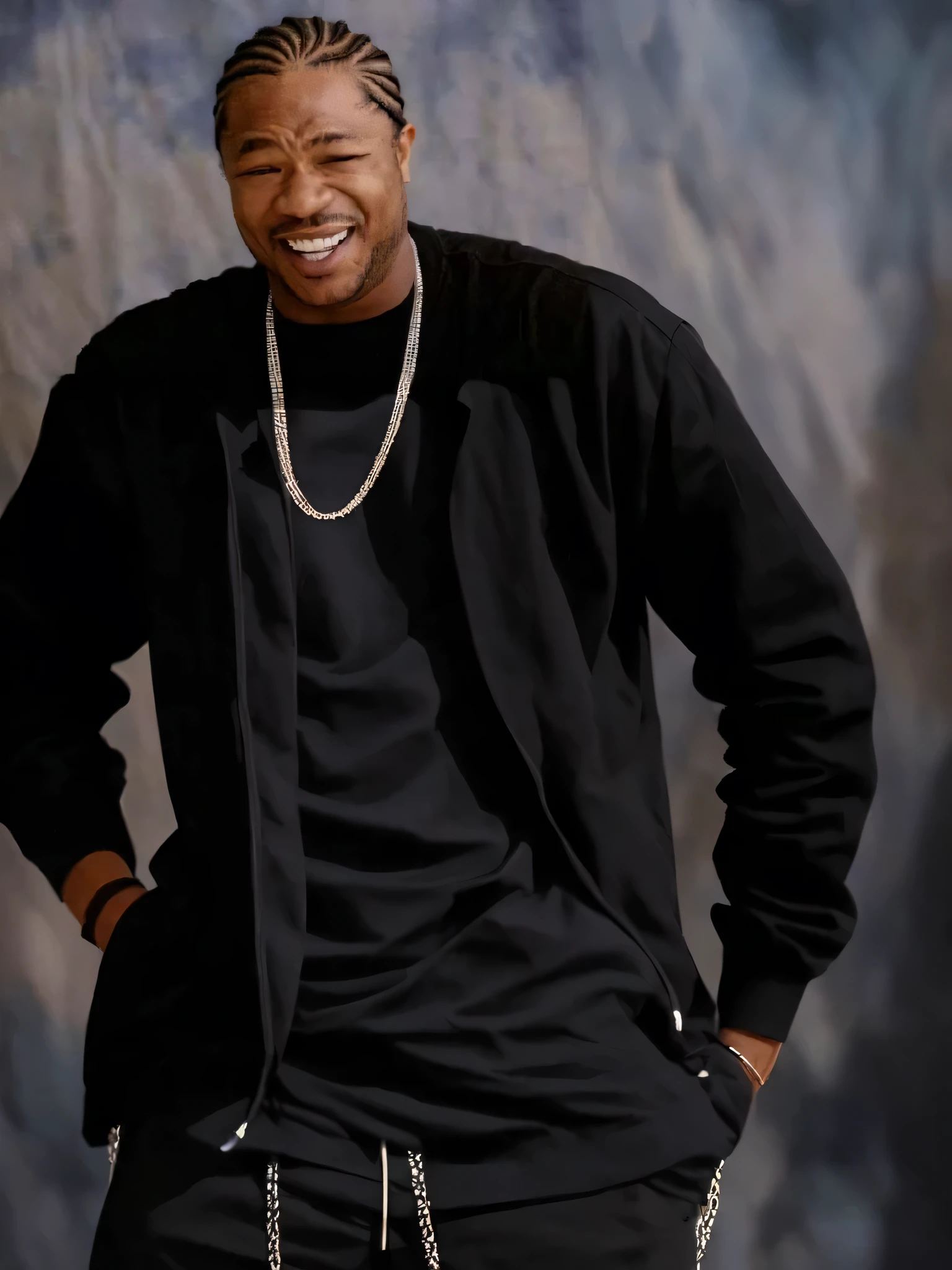 arafed man with a chain on his neck laughing and laughing, cornrows, cornrows braids, bet face, looking heckin cool and stylish, rapper, long cornrows, crips, masterpice, combover, really funny, crying and smiling franticly, art masterpice, he is smiling, great likeness